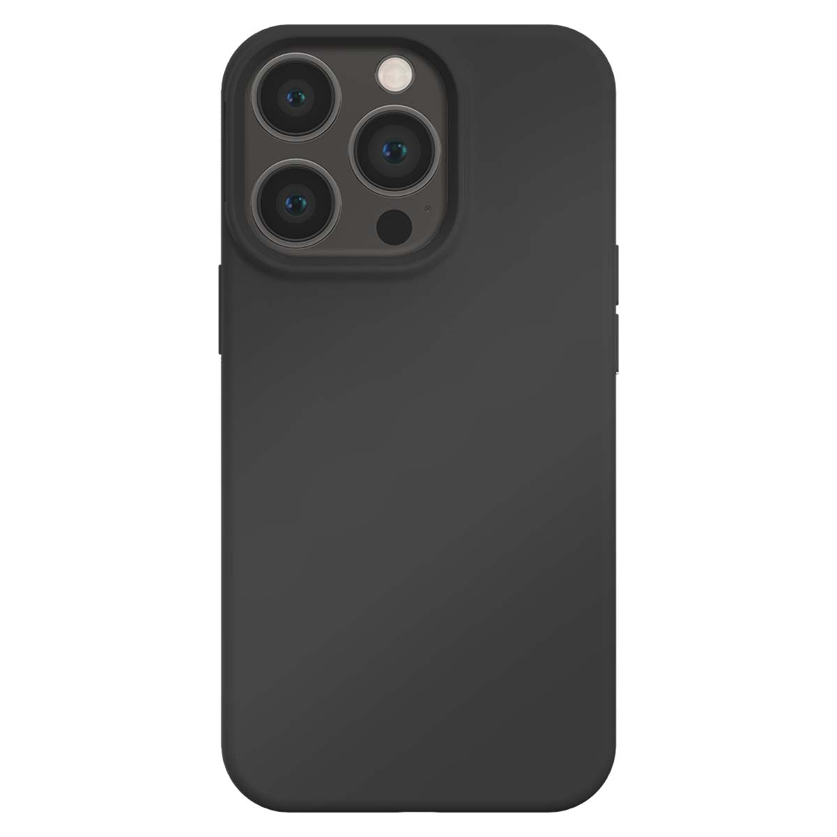 Una custodia nera per telefono con angoli arrotondati. Ha un rilievo per la fotocamera con tre lenti e un flash.
