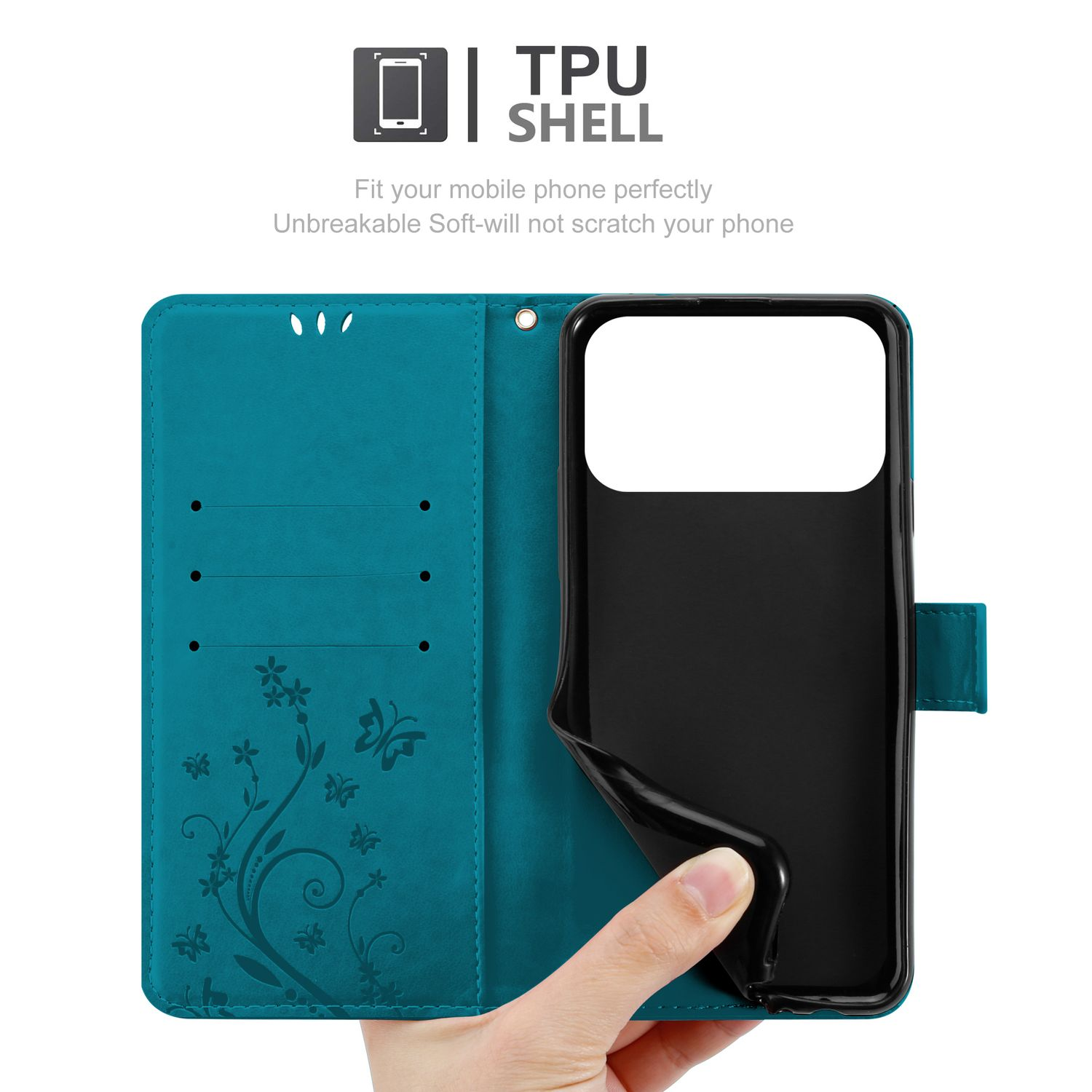 Eine tealfarbene Handyhülle ist geöffnet und zeigt ein schwarzes Telefon. Eine Hand hebt die Abdeckung des Telefons. Blumendesign auf der linken Seite.