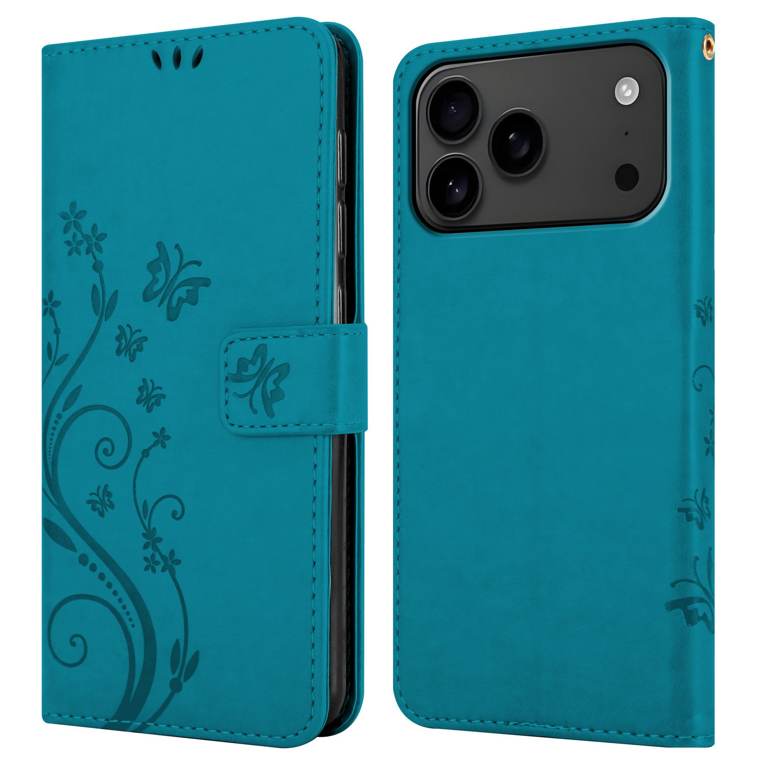 Eine türkisfarbene Handyhülle mit floralem Design. Die Hülle ist offen und zeigt den Telefonhalter und einen Magnetverschluss.