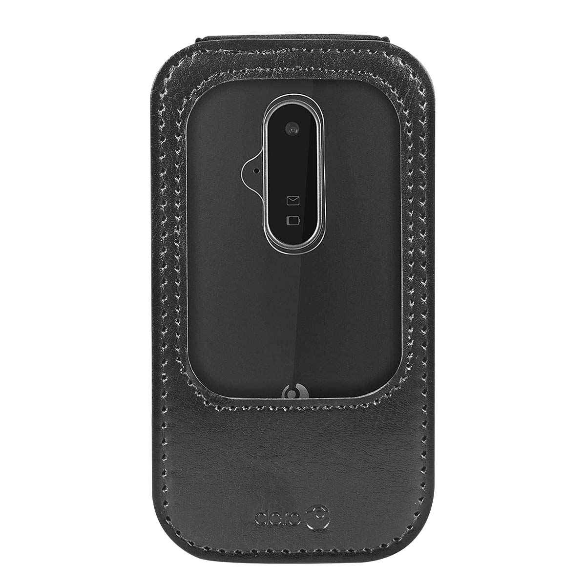 Una custodia per telefono in pelle nera con finestra trasparente per la fotocamera. La custodia ha cuciture bianche e un logo in basso.