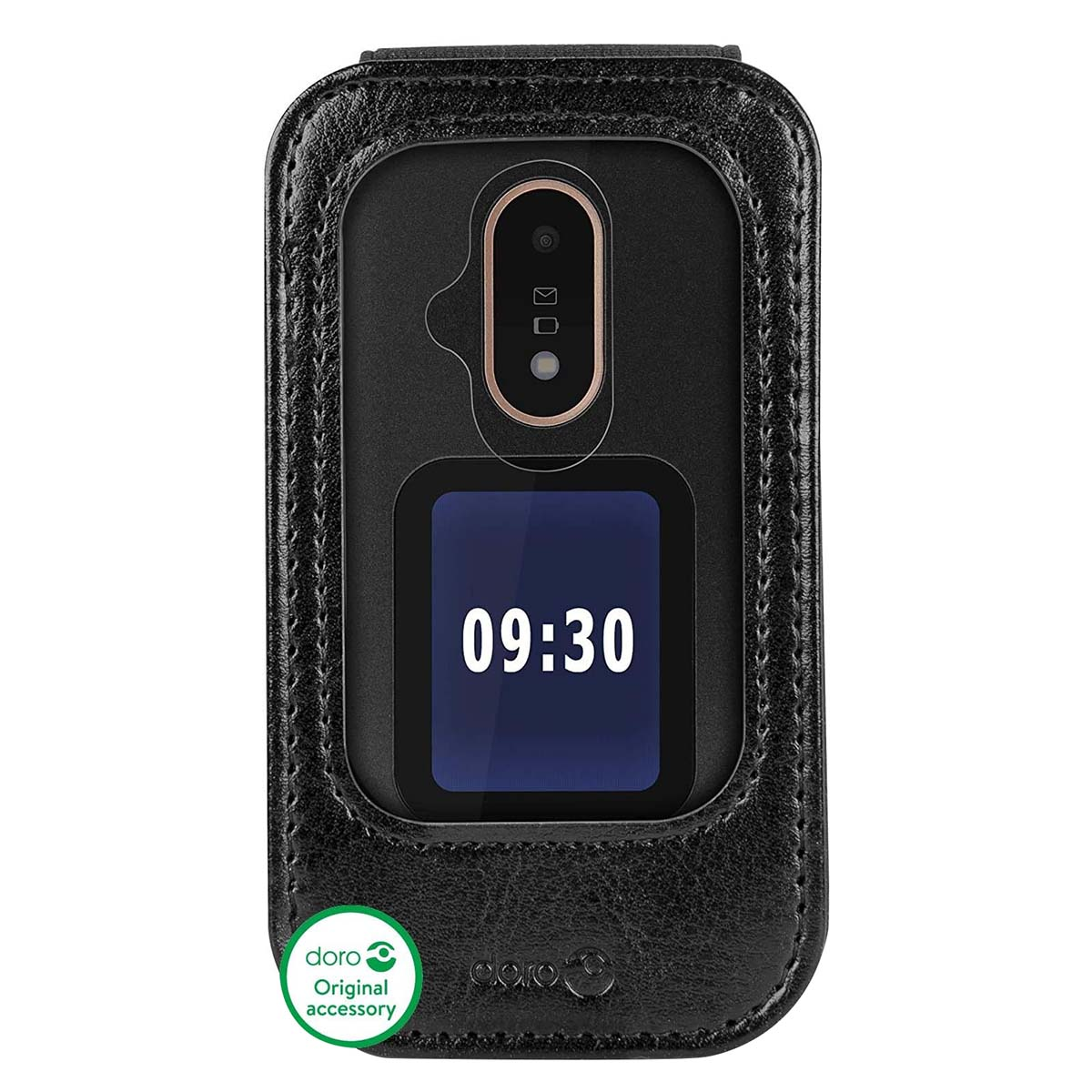 Custodia nera per telefono con schermo che mostra 09:30. Logo Doro in basso a sinistra. Fotocamera e altoparlante in alto.