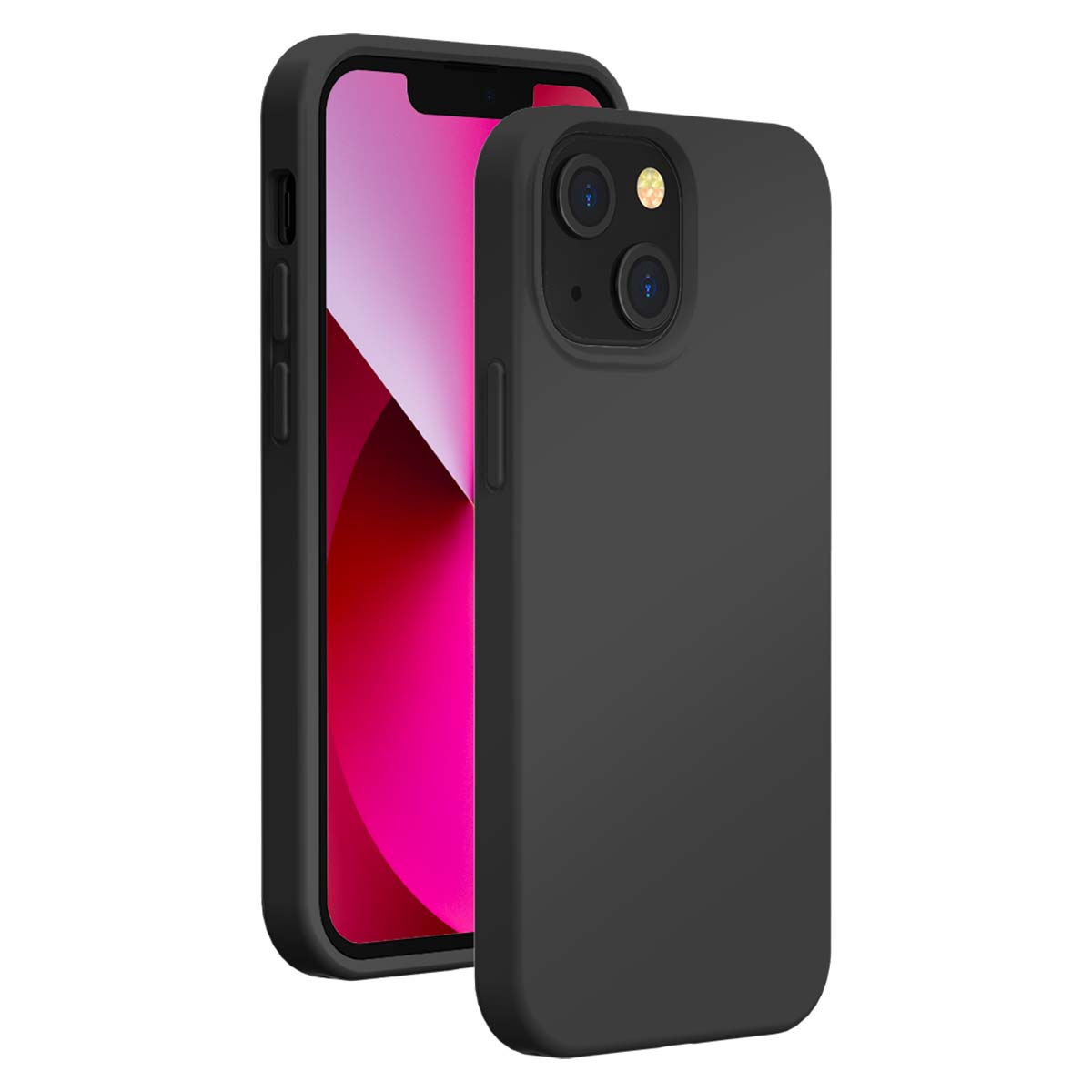Due custodie nere per telefono. Una è aperta, mostrando uno schermo rosa, l'altra è chiusa. Sono su sfondo bianco.