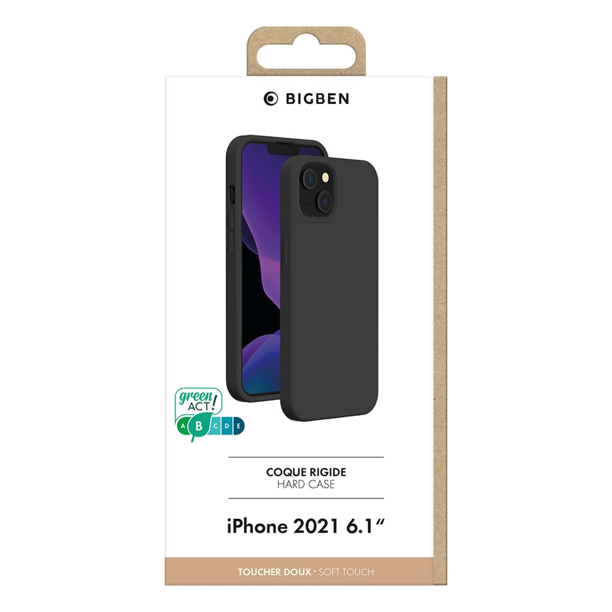 Una custodia nera per iPhone in una scatola bianca. La scatola presenta il marchio, il modello e un'etichetta verde di efficienza energetica.