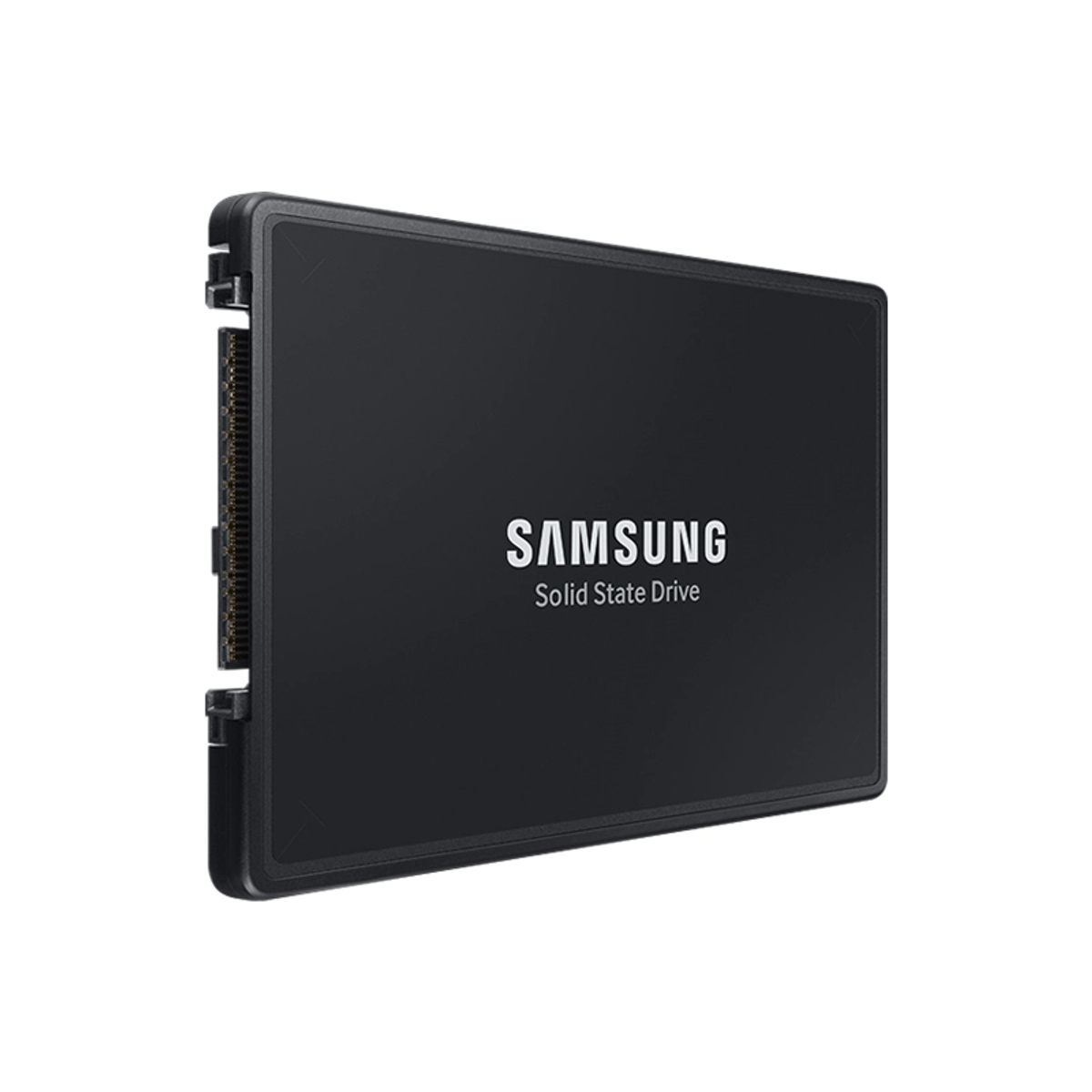 Un disco de estado sólido Samsung negro sobre un fondo blanco. El logotipo de Samsung es visible. La unidad tiene forma rectangular.
