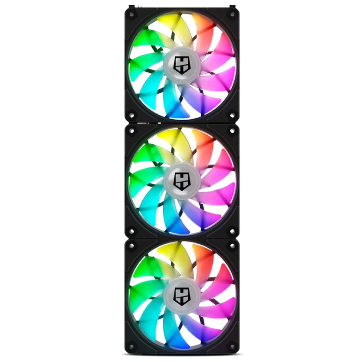 Drei vertikal gestapelte RGB-Computerlüfter. Jeder Lüfter hat farbige Flügel und ein zentrales Emblem. Die Rahmen sind schwarz.