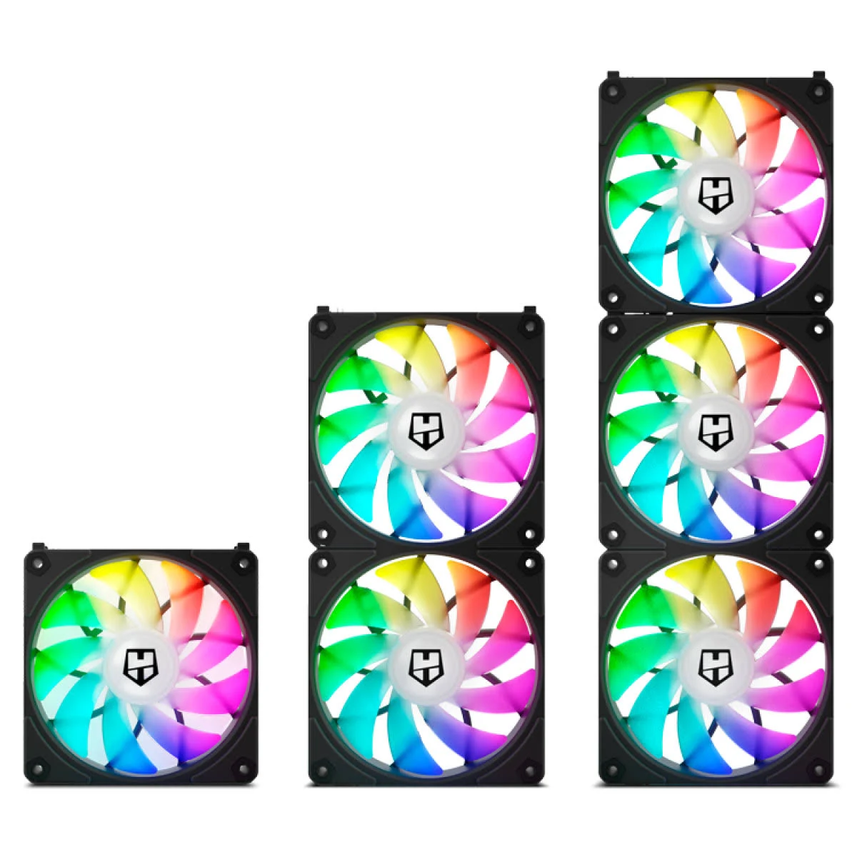 Mehrere Computerlüfter mit bunten LED-Leuchten sind gestapelt. Jeder Lüfter hat einen schwarzen Rahmen und eine weiße Mitte mit Logo.