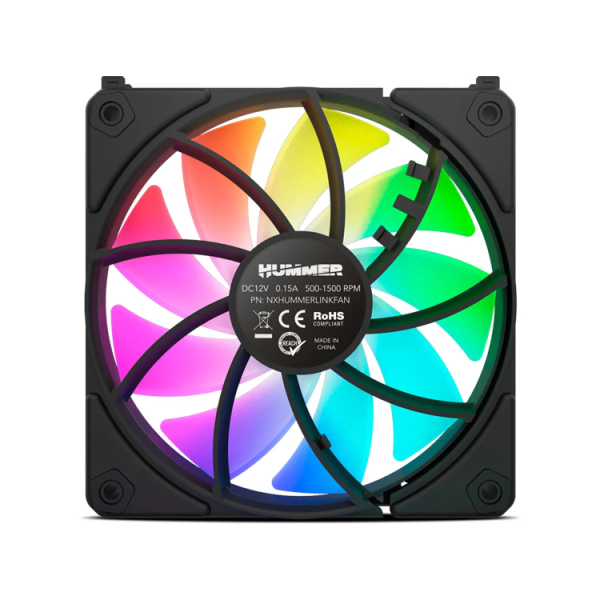 Ein Computerlüfter mit bunten, regenbogenfarbenen Flügeln. Der Lüfter ist schwarz, mit einem zentralen Aufkleber und einem Schutzrahmen.