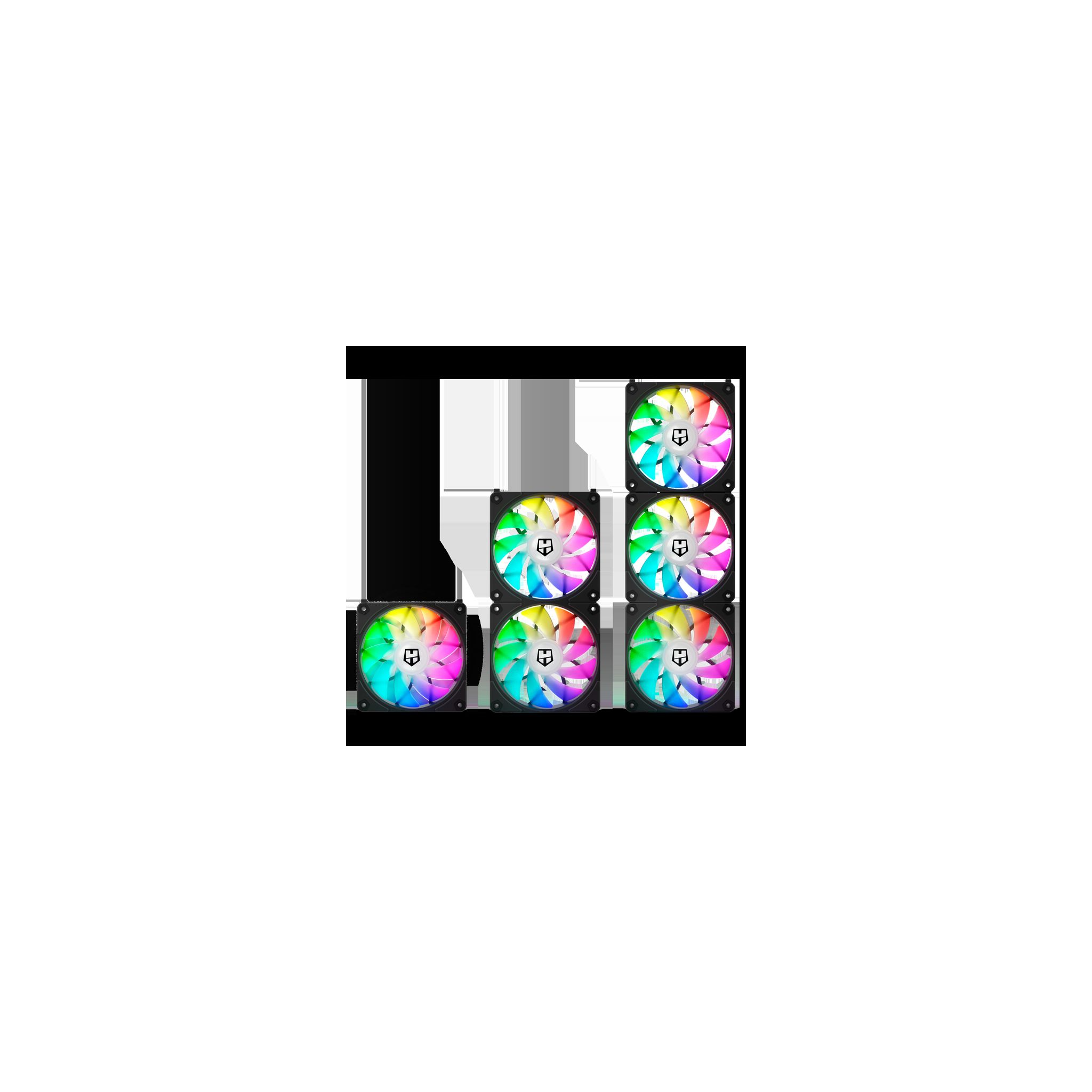 Sieben RGB-Lüfter. Jeder hat einen schwarzen Rahmen und ein Logo. Die Blätter sind regenbogenfarben beleuchtet.