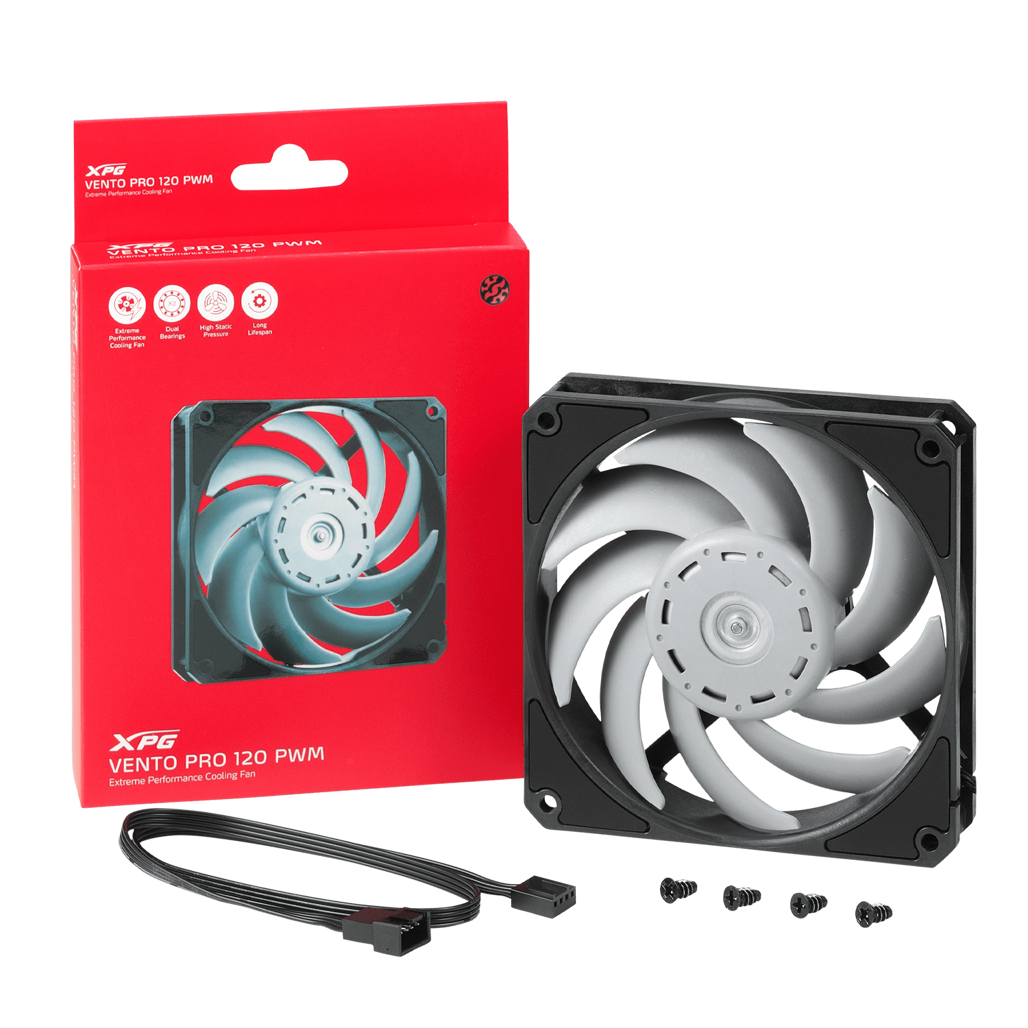 Un ventilador XPG VENTO PRO 120 PWM y su caja. El ventilador es negro y gris. La caja es roja. También hay tornillos y un cable.