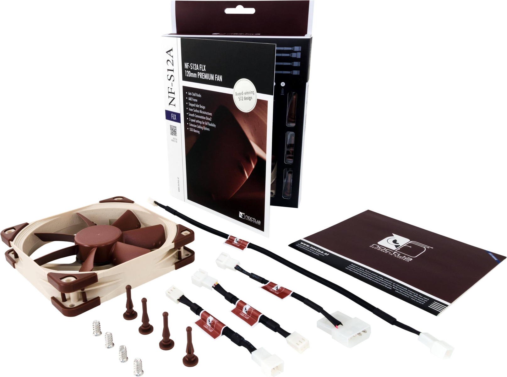 Zestaw wentylatora komputerowego, brązowo-beżowy, zawiera wentylator, pudełko, kable i akcesoria, wszystko na białej powierzchni.
