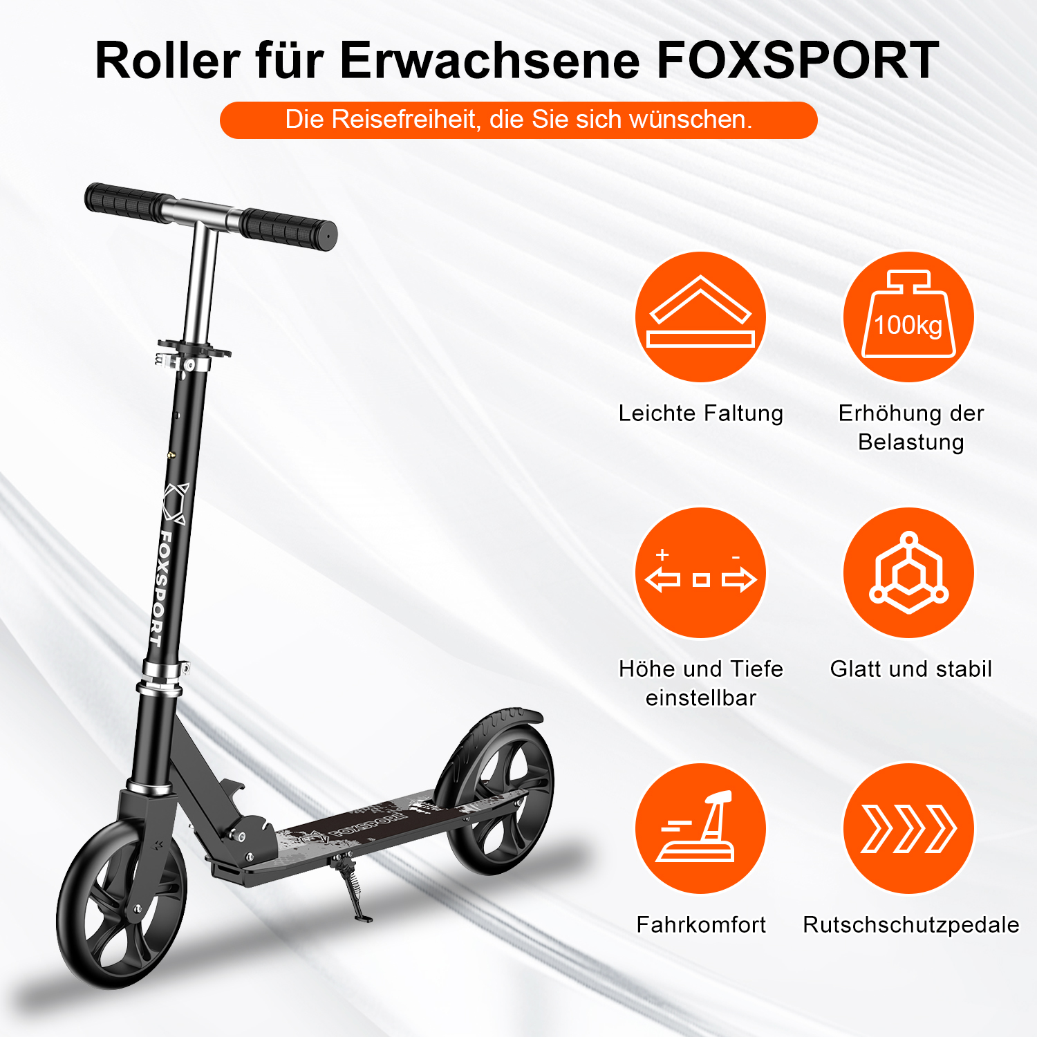Schwarzer Erwachsenenroller mit schwarzen Griffen und Rädern. Text auf Deutsch: FOXSPORT, Leichte Faltung, 100 kg usw. Orange Kreise mit Symbolen.