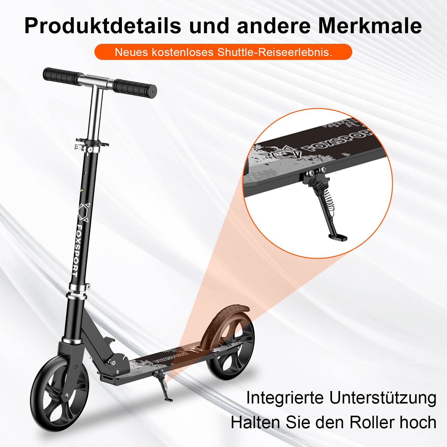 Ein schwarzer Roller mit silbernem Griff. Eine Einlage zeigt eine detaillierte Ansicht. Der Text lautet 'FOXSPORT' und 'Integrierte Unterstutzung'.
