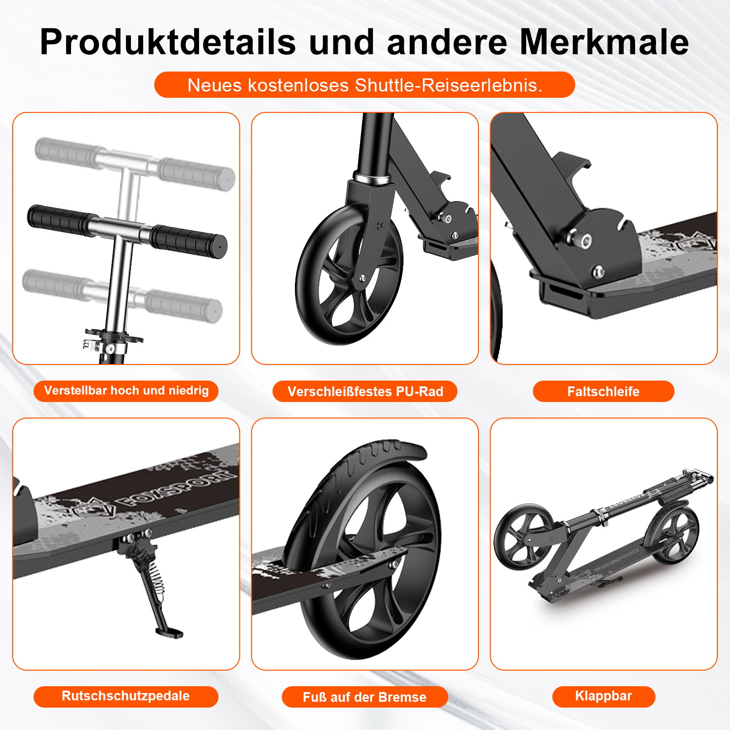 Details eines schwarzen Rollers. Merkmale umfassen verstellbaren Lenker, PU-Rad, Faltmechanismus, Anti-Rutsch-Pedal, Bremse und faltbares Design.