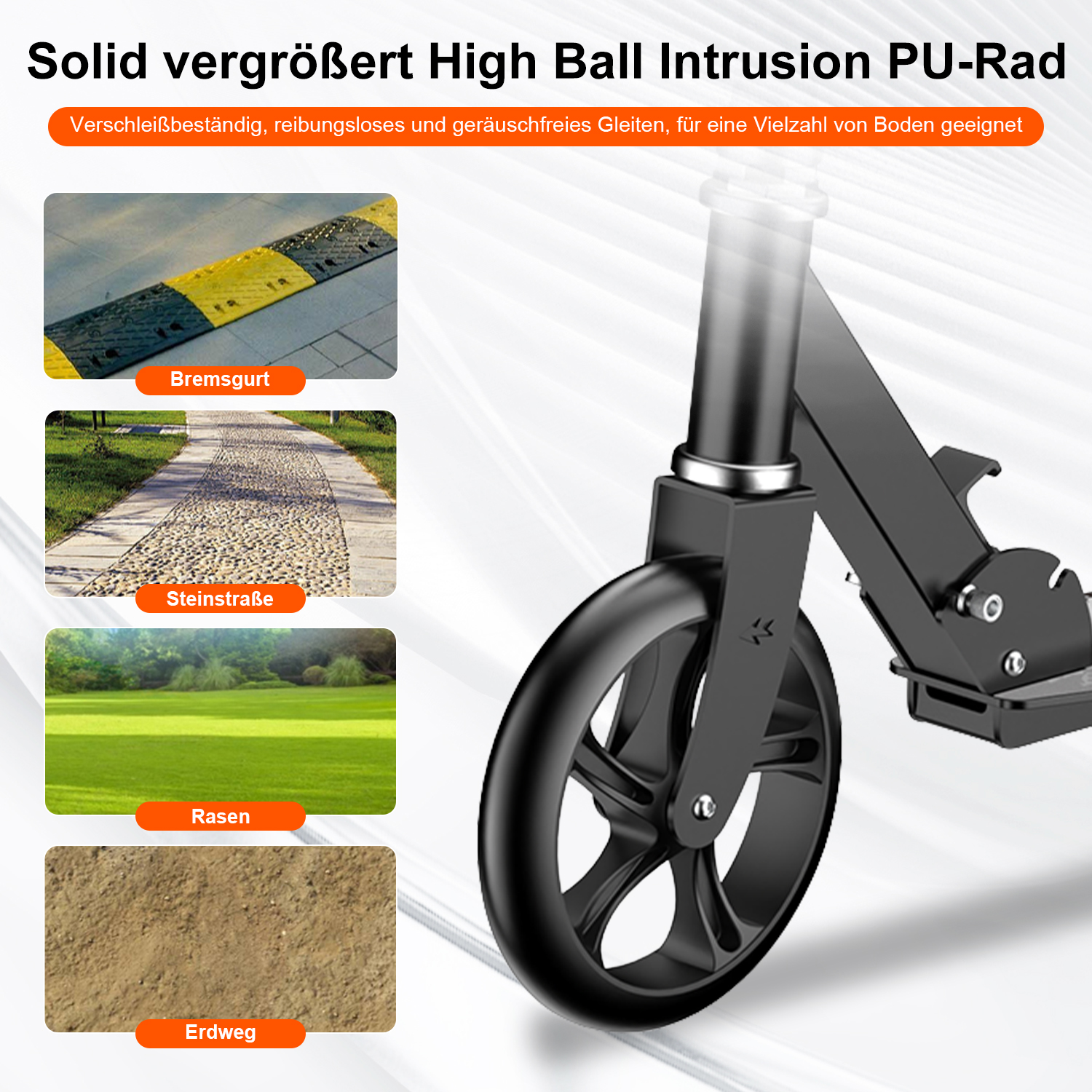 Ein Bild, das ein schwarzes Rollerrad zeigt, mit vier kleineren Bildern verschiedener Oberflächen: eine Bremsschwelle, ein Steinweg, Gras und Erde.