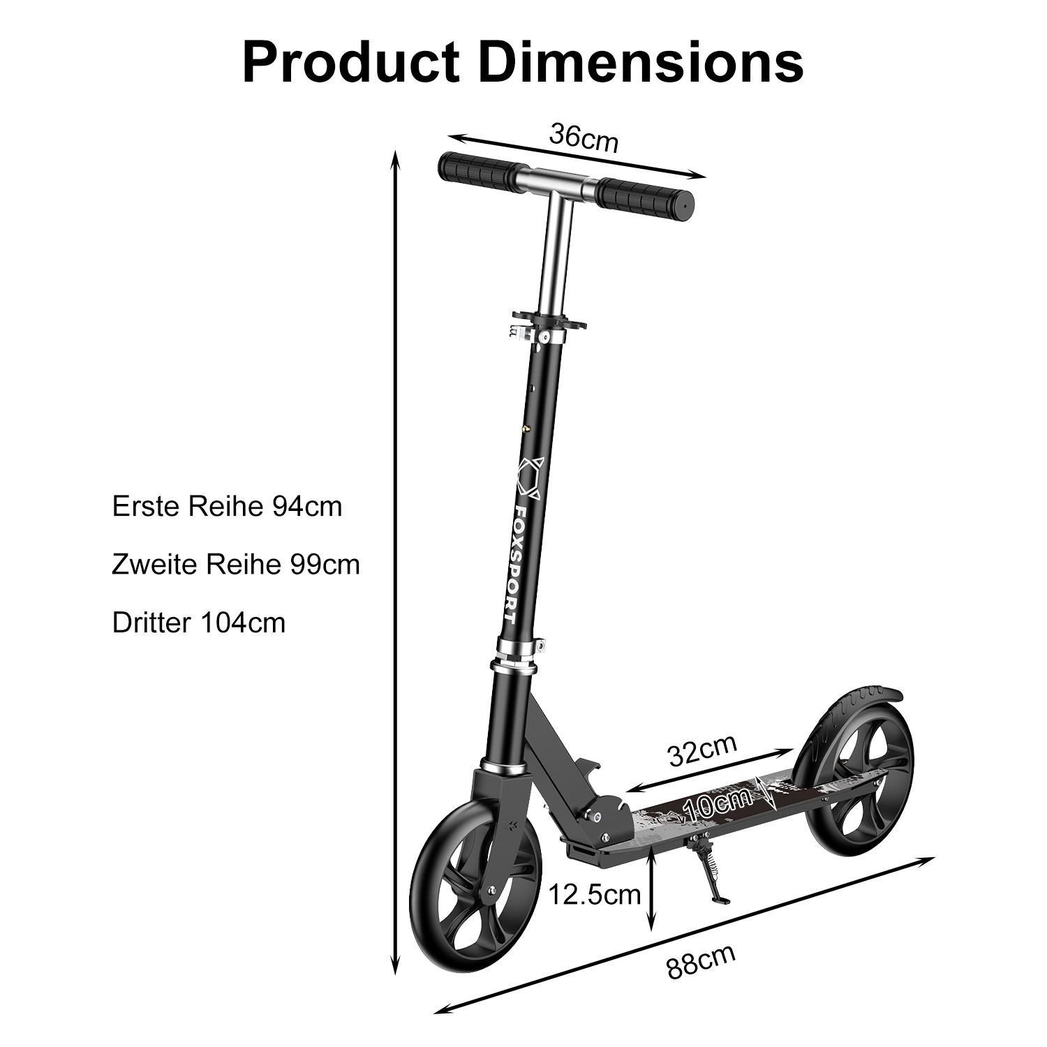 Ein schwarzer Roller mit Maßangaben. Enthält Messungen für Höhe, Breite und verschiedene Teile des Rollers.