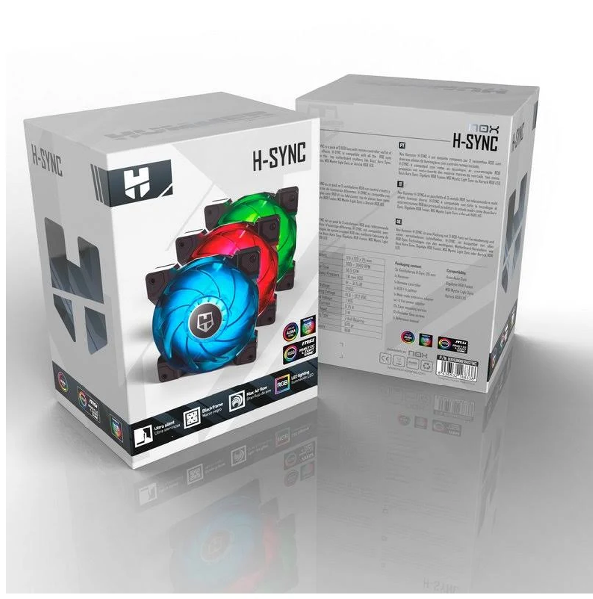 Scatole con logo H-SYNC, che mostrano ventole blu, rosse e verdi. Una scatola è aperta, rivelando le ventole. Lo sfondo è bianco.