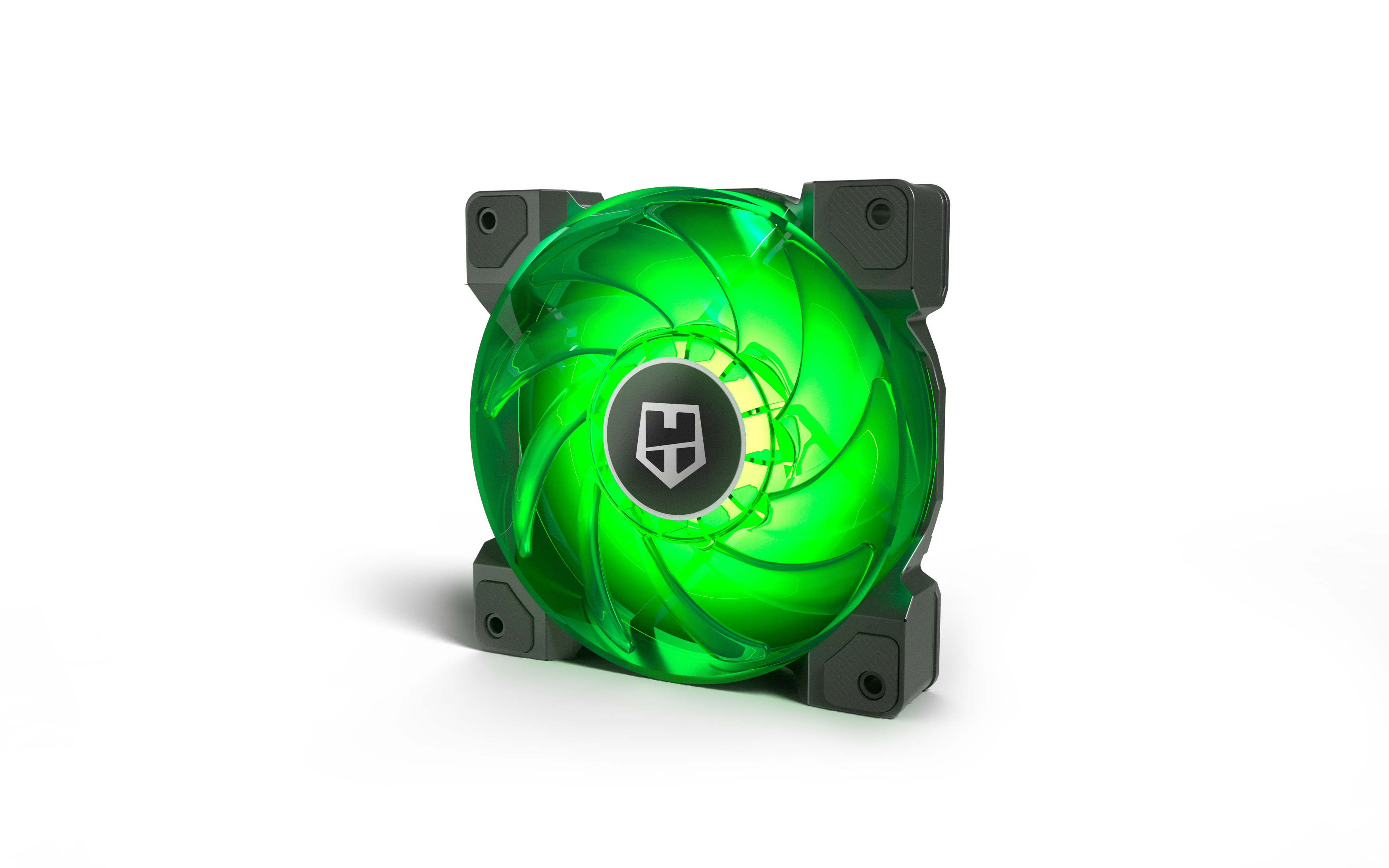 Ventola per computer verde con centro luminoso, cornice nera e logo al centro.