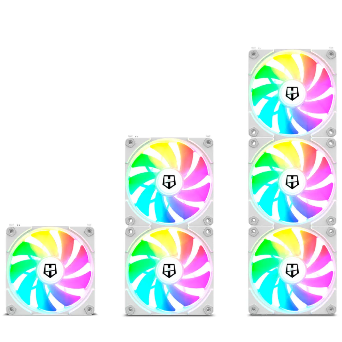 Mehrere Computerlüfter mit RGB-Beleuchtung sind in einem gestuften Muster angeordnet. Jeder Lüfter hat ein zentrales Logo.