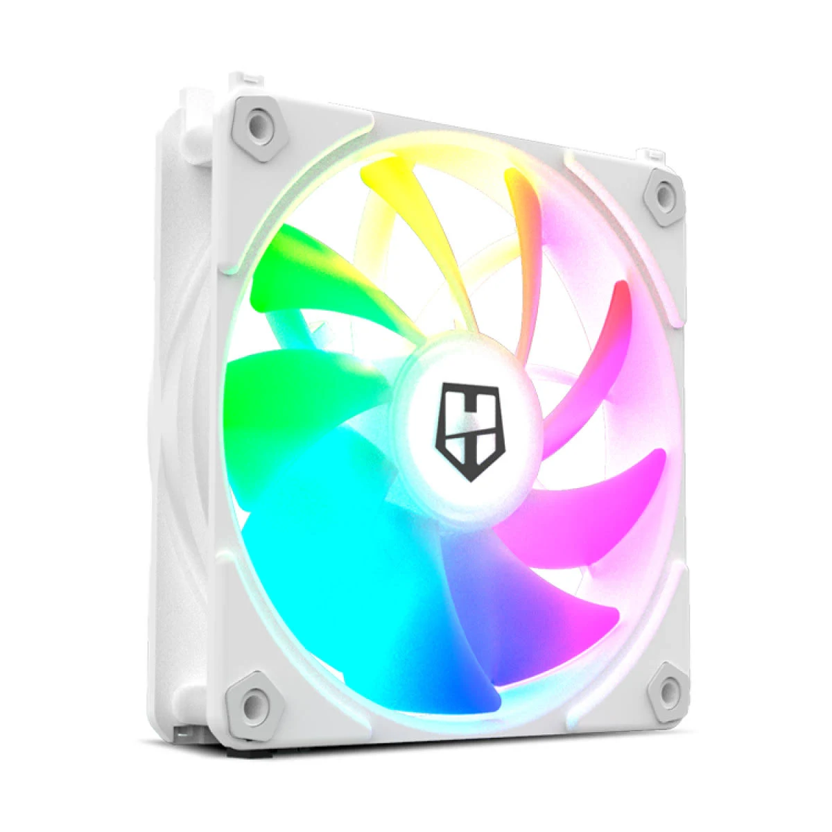 Weißer Computerlüfter mit regenbogenfarbenen Flügeln und einem schwarzen Logo in der Mitte. Der Lüfter befindet sich auf weißem Hintergrund.