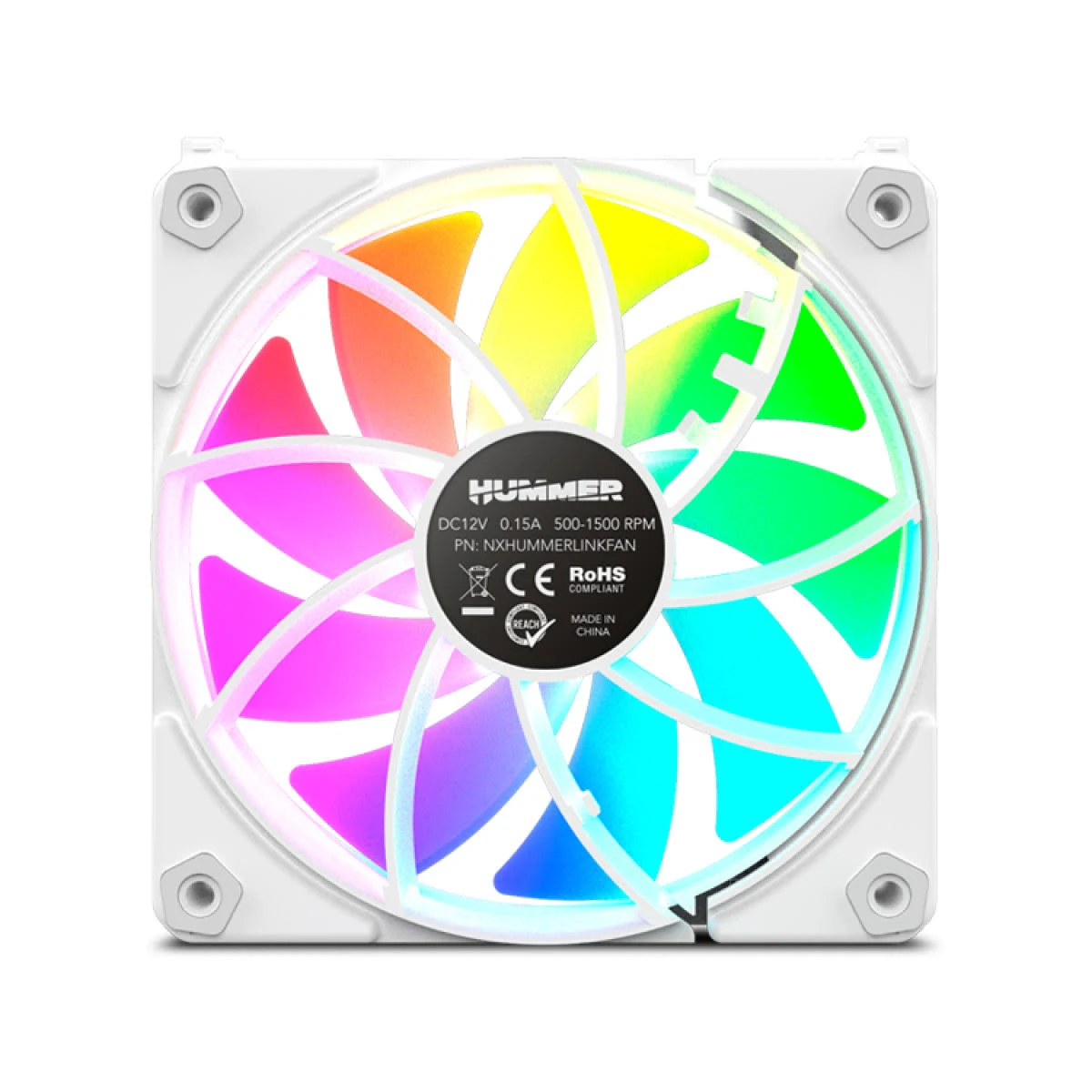 Ein weißer Computerlüfter mit einem regenbogenfarbenen Zentrum. Der Lüfter hat den Markennamen 'HUMMER' und weitere technische Details.