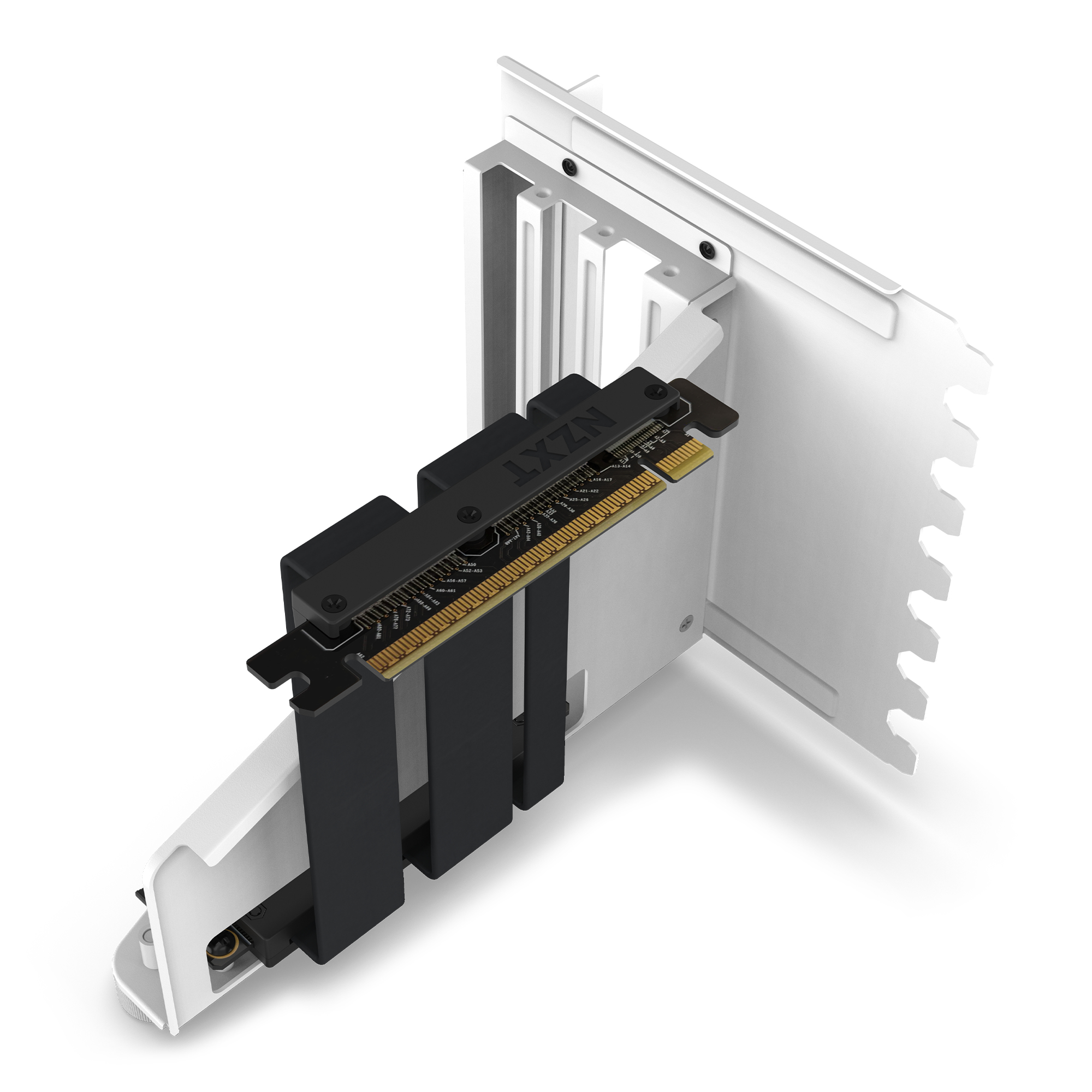 Un soporte NZXT blanco y negro para un componente de computadora, en ángulo contra un fondo blanco. El logotipo de NZXT es visible.