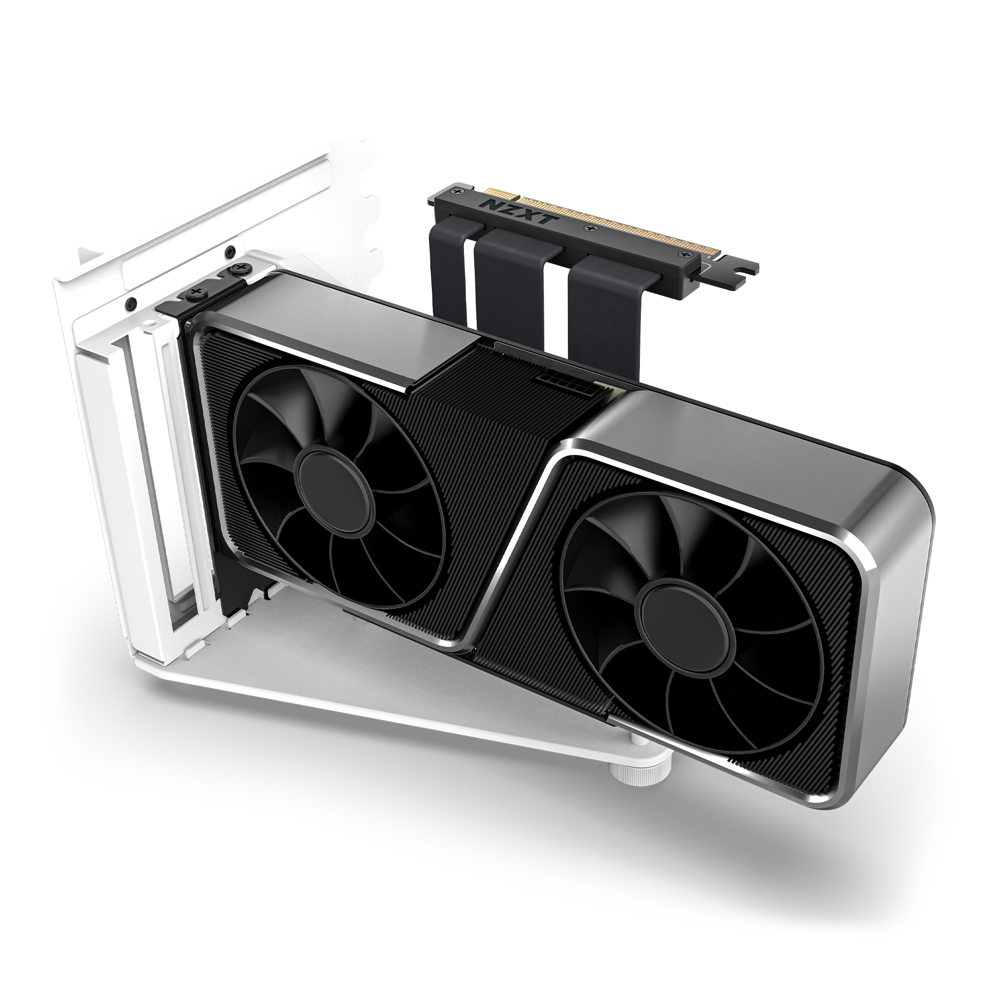 Una tarjeta gráfica con dos ventiladores, un disipador negro y una carcasa plateada, montada en una caja blanca.