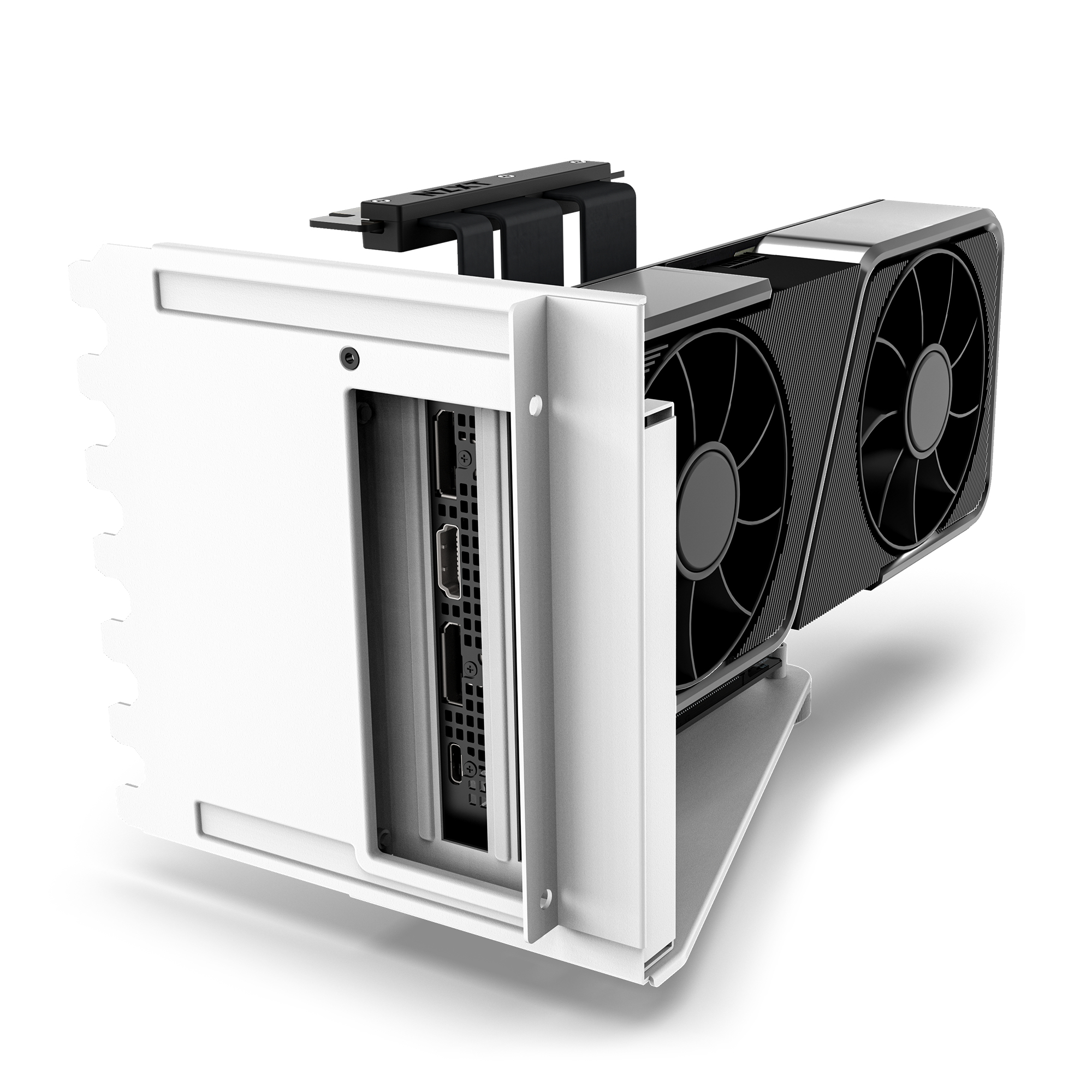Un soporte de GPU blanco con una tarjeta gráfica negra. La tarjeta tiene dos ventiladores. El fondo es blanco.
