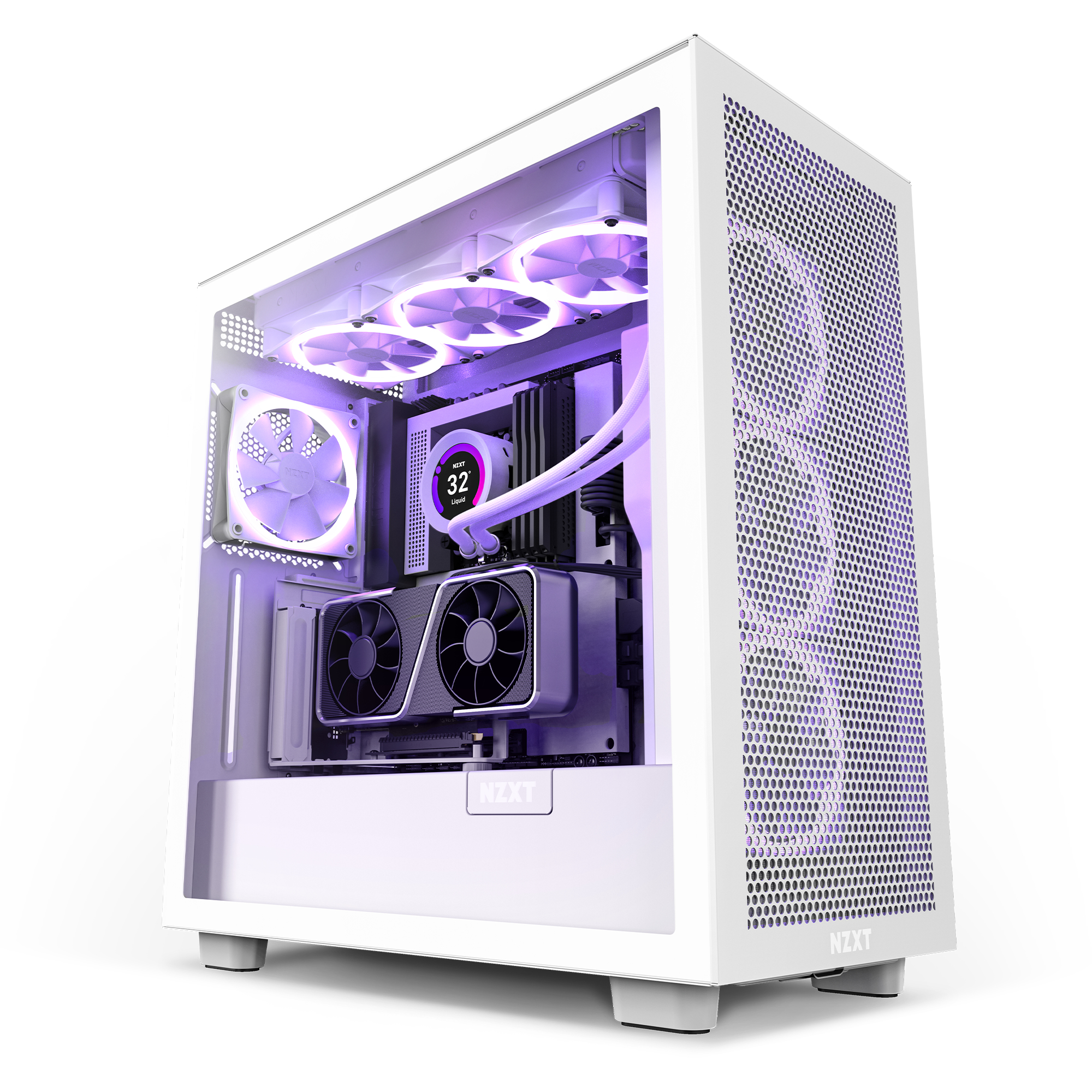 Carcasa de PC blanca con componentes internos iluminados en morado. Ventiladores, tarjeta gráfica y refrigerador líquido visibles.
