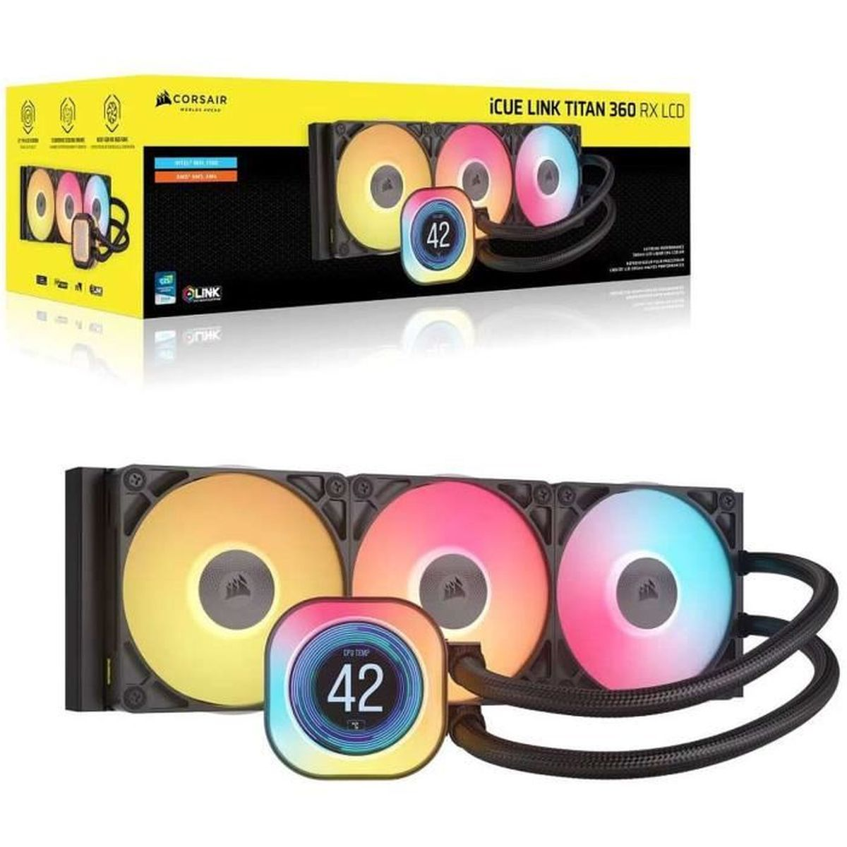 Corsair iCUE Link Titan 360 RX LCD. Fans with changing colors and a display showing 42. Product box in the background.