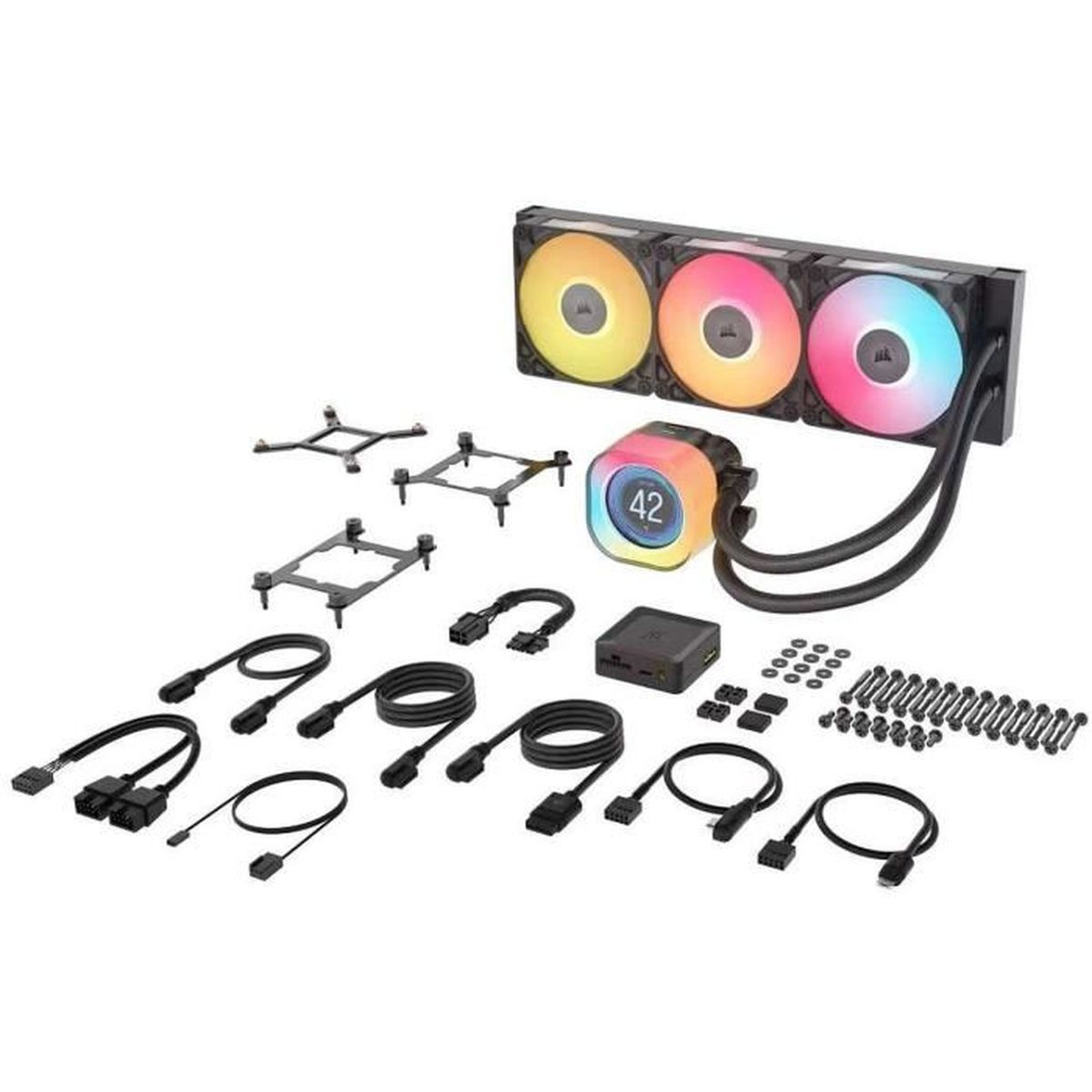 A PC water cooling kit. Includes a radiator with three fans, a pump with a display, hoses, mounting hardware, and cables.