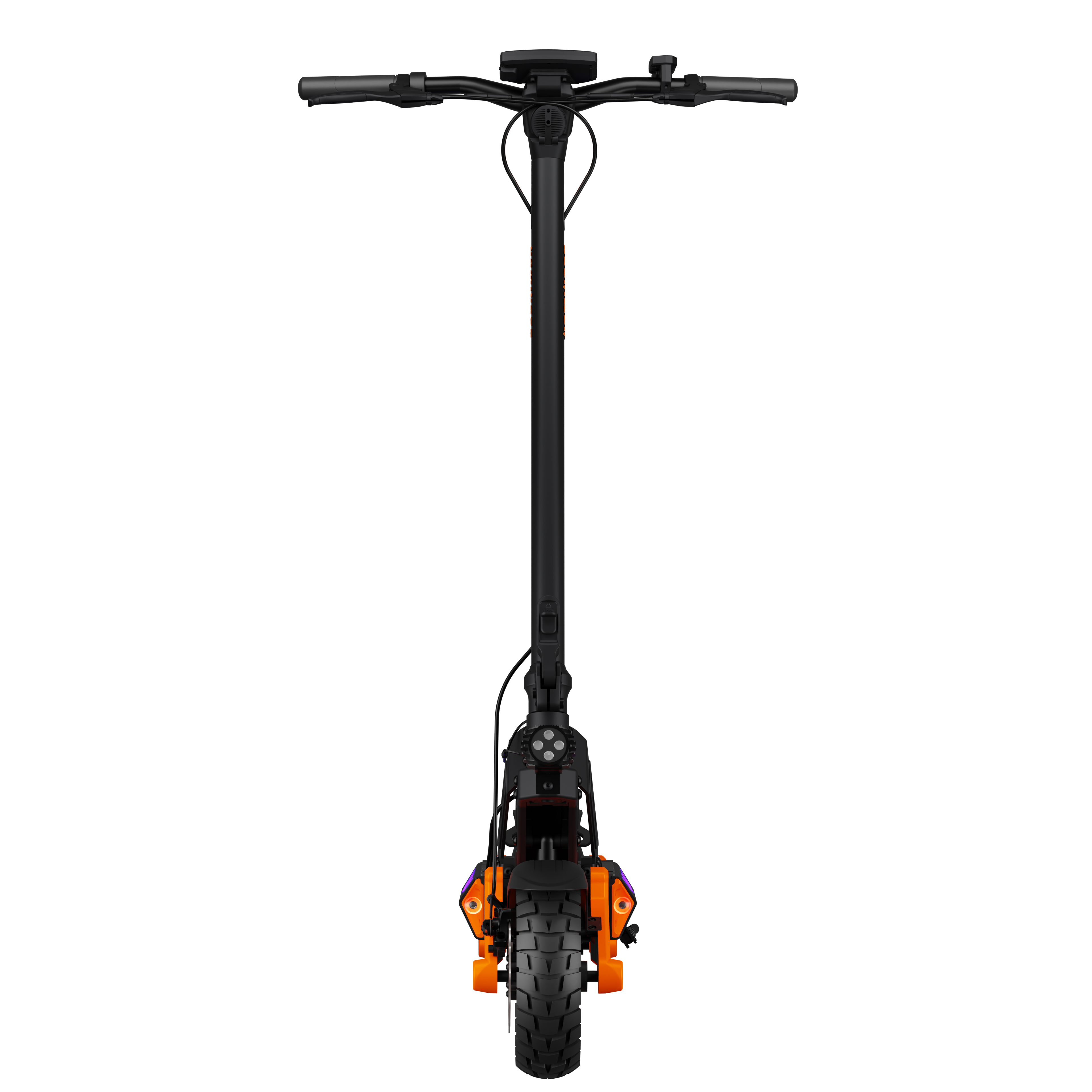 Scooter elettrico nero su sfondo nero. Accenti arancioni e viola. Vista frontale, che mostra la ruota e il manubrio.
