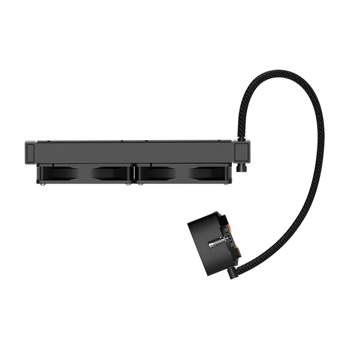 Enfriador líquido de computadora negro con ventiladores, una manguera curva y un componente cilíndrico, sobre fondo blanco.