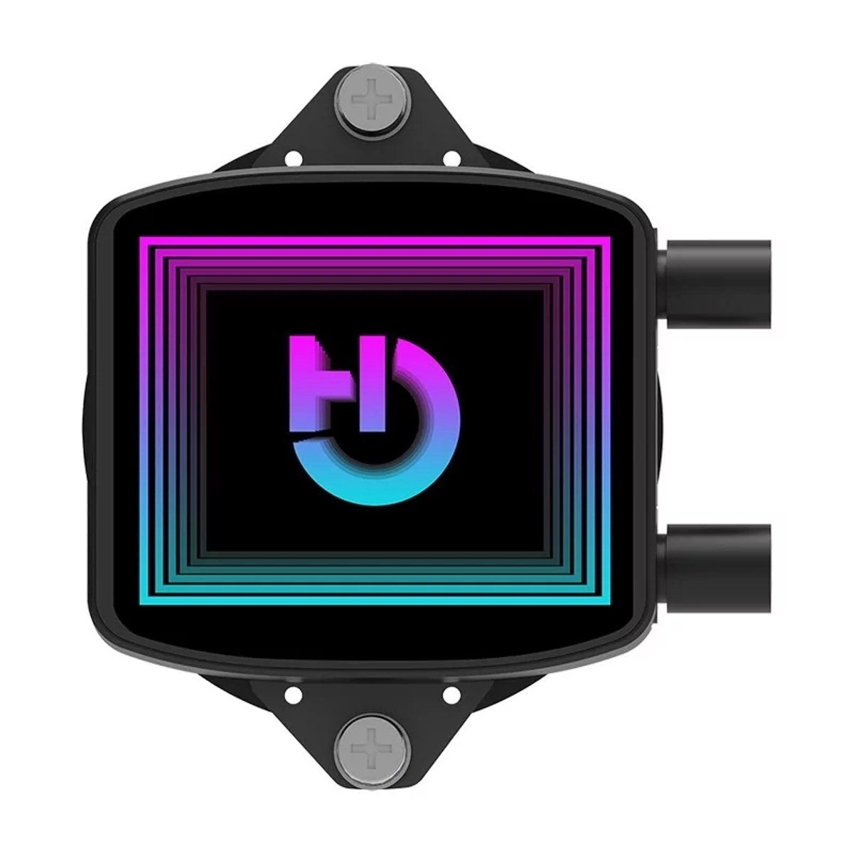 Un dispositivo negro con una pantalla que muestra un gradiente de colores. Tiene forma de 'G' y dos tubos en el lado derecho.