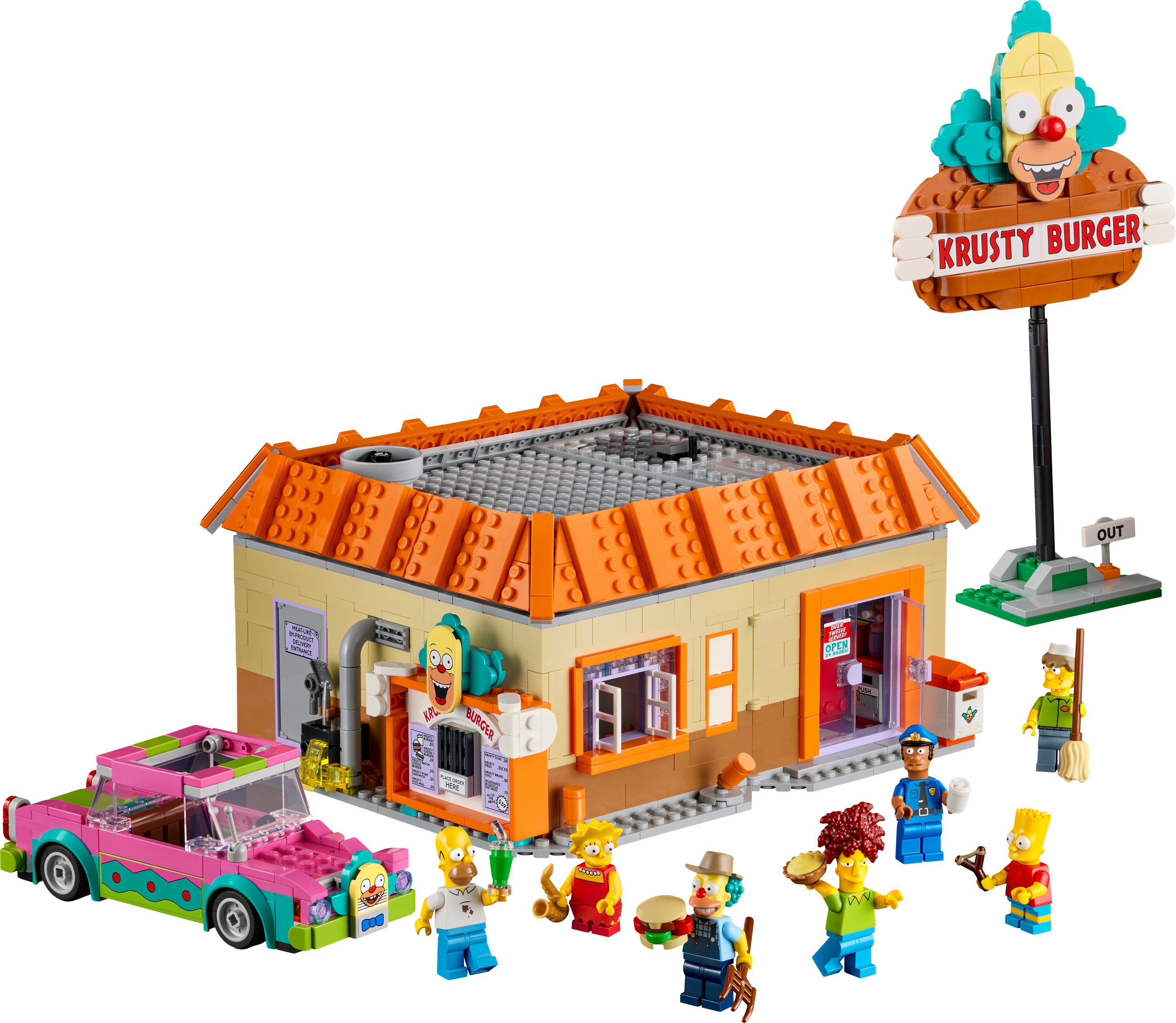 Zestaw Lego Krusty Burger z figurkami i samochodem. Zawiera restaurację, szyld i kilka postaci z Simpsonów.