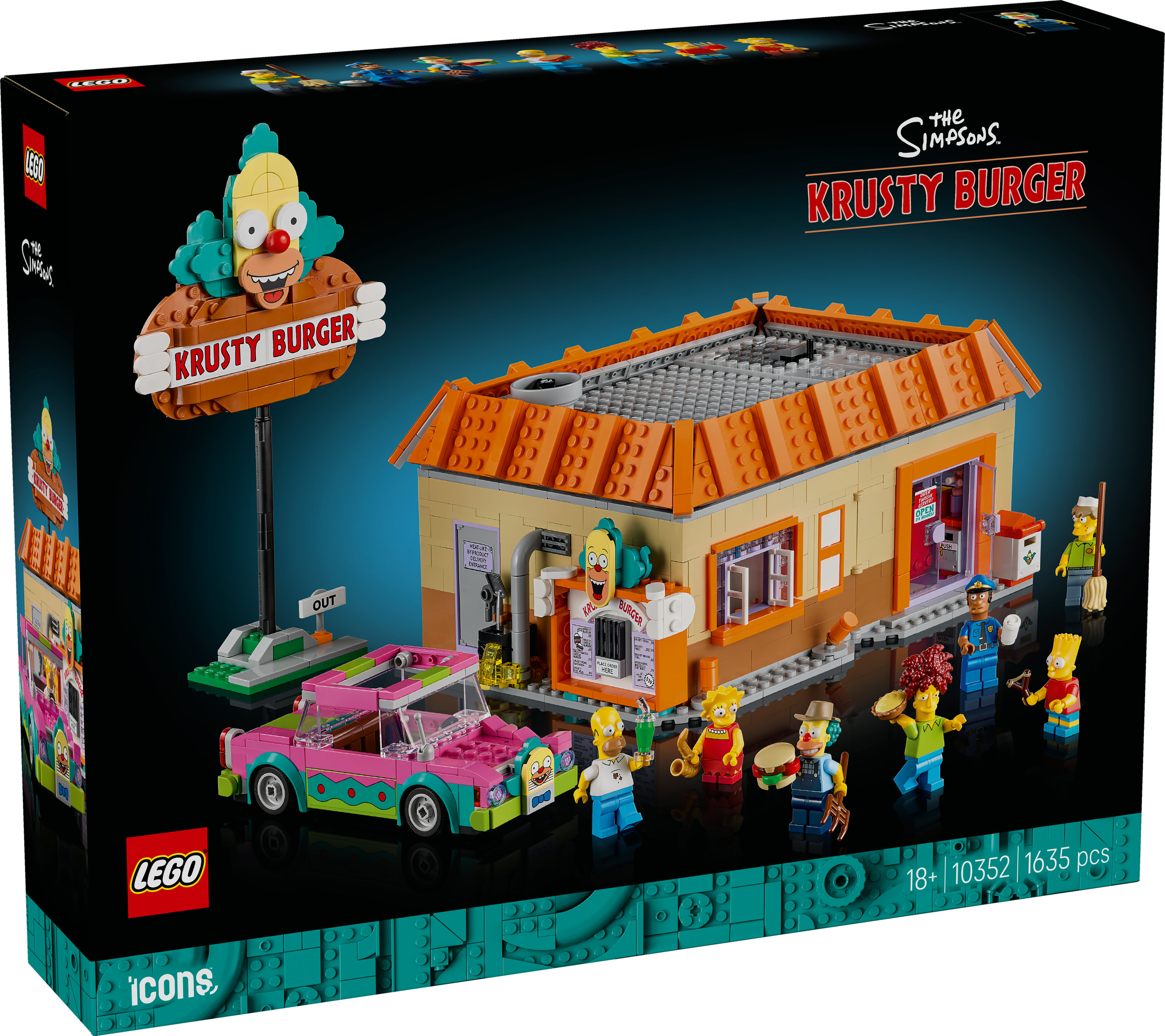 Zestaw Lego Krusty Burger, z budynkiem, samochodem i postaciami z Simpsonów. Na znaku napisano Krusty Burger.