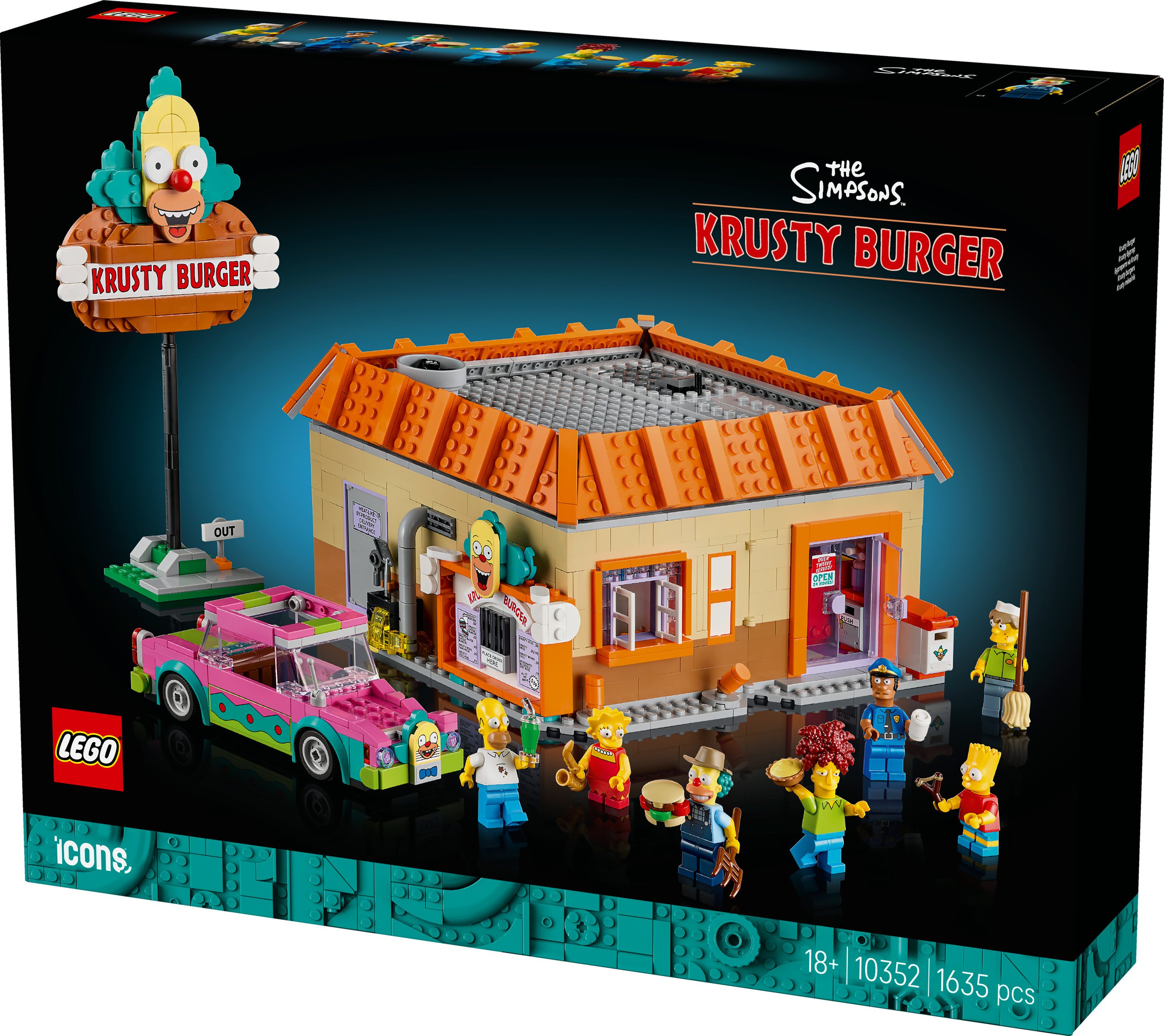 Pudełko zestawu Lego Krusty Burger. Zawiera budynek, figurki i różowy samochód.