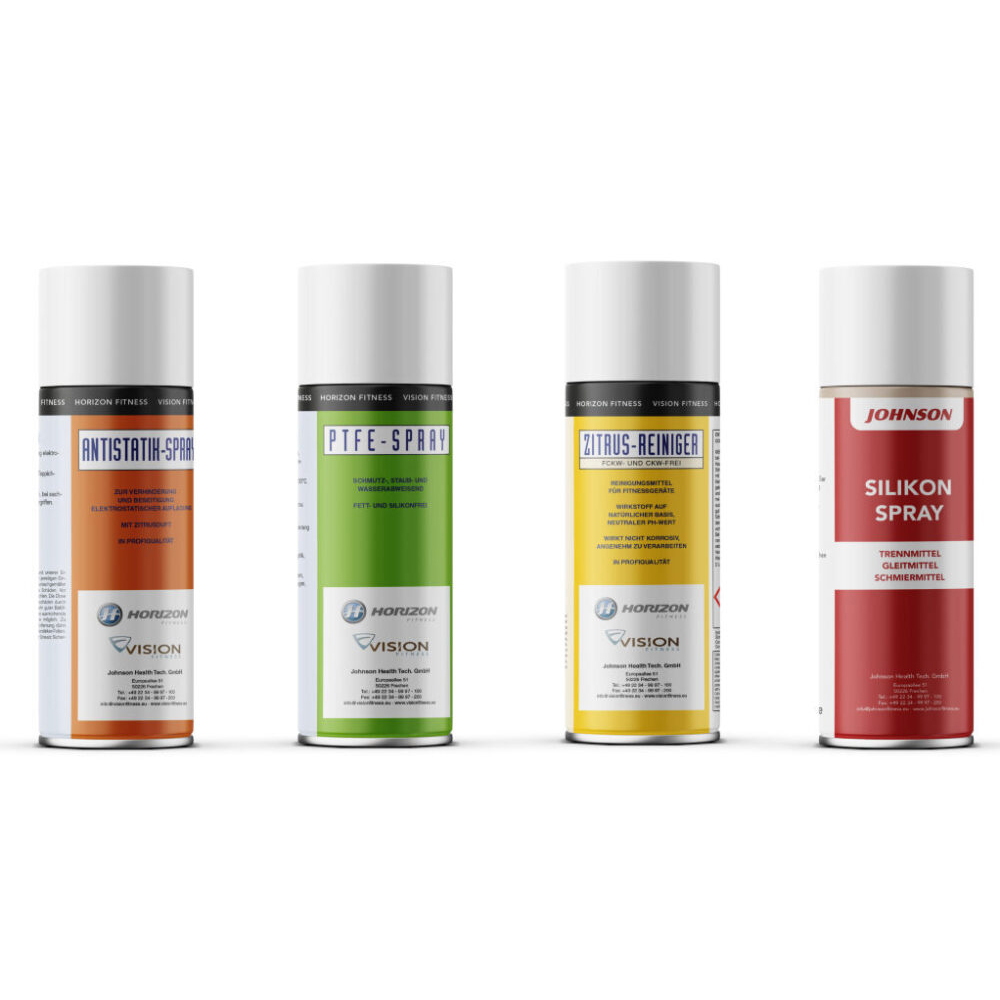 Quatre aérosols avec étiquettes: Spray antistatique, Spray PTFE, Nettoyant agrumes et Spray silicone. Marques Horizon et Johnson.