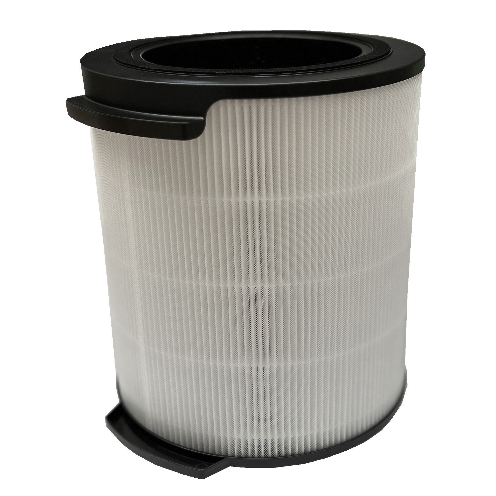 Ein zylindrischer Luftfilter mit einem weißen, plissierten Filter und schwarzem Ober- und Unterteil. Auf weißem Hintergrund isoliert.