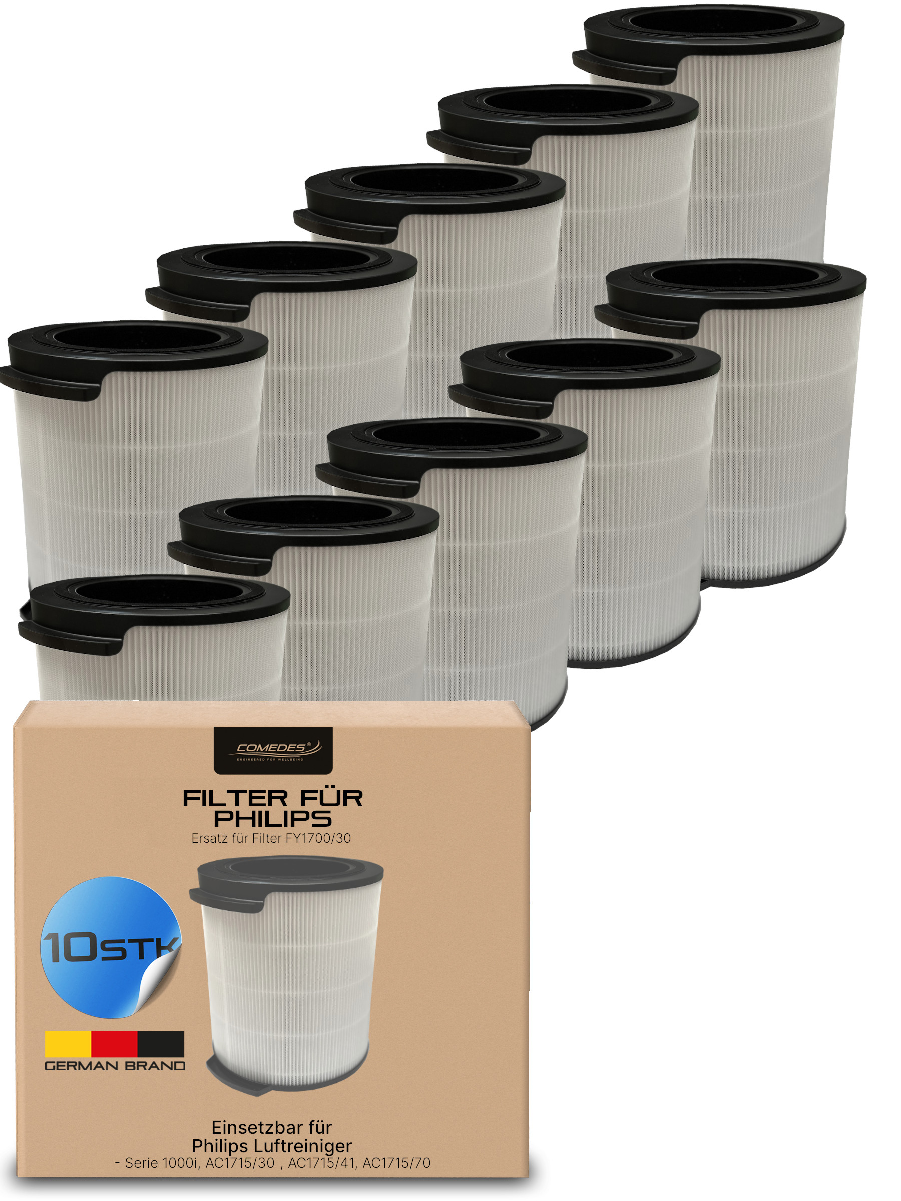 Bild von Luftfilter-Ersatzteilen, 10 Stück, mit einer Box. Die Filter sind weiß, und die Box ist braun.