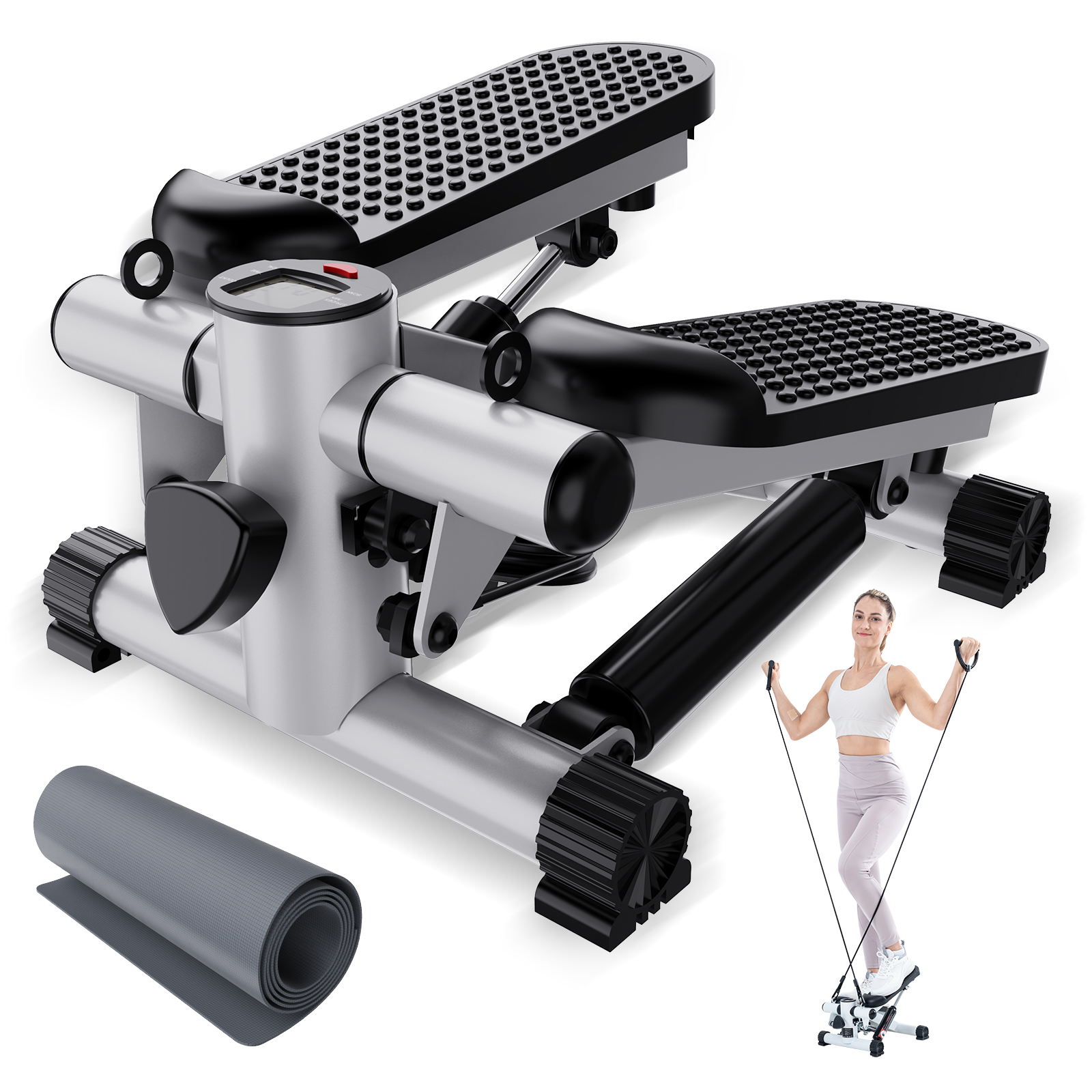 Kobieta używa steppera z taśmami oporowymi. Zwinięta mata i stepper leżą na ziemi.