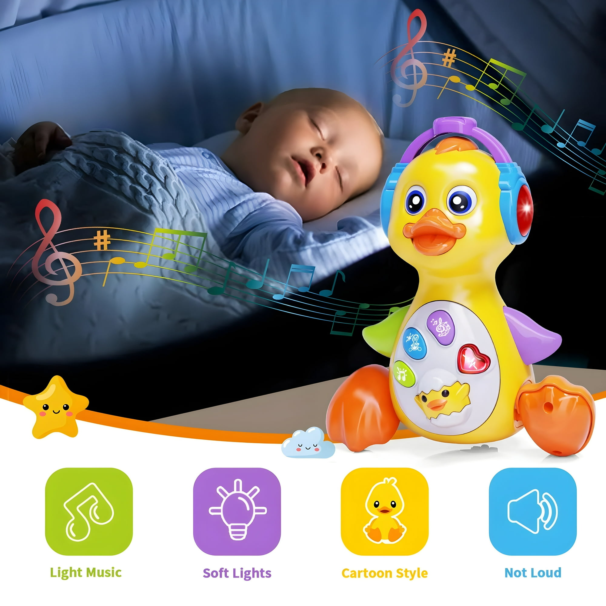 Ein schlafendes Baby neben einem gelben musikalischen Entenspielzeug mit Kopfhörern, Noten und Symbolen für Musik, Lichter, Stil und Lautstärke.