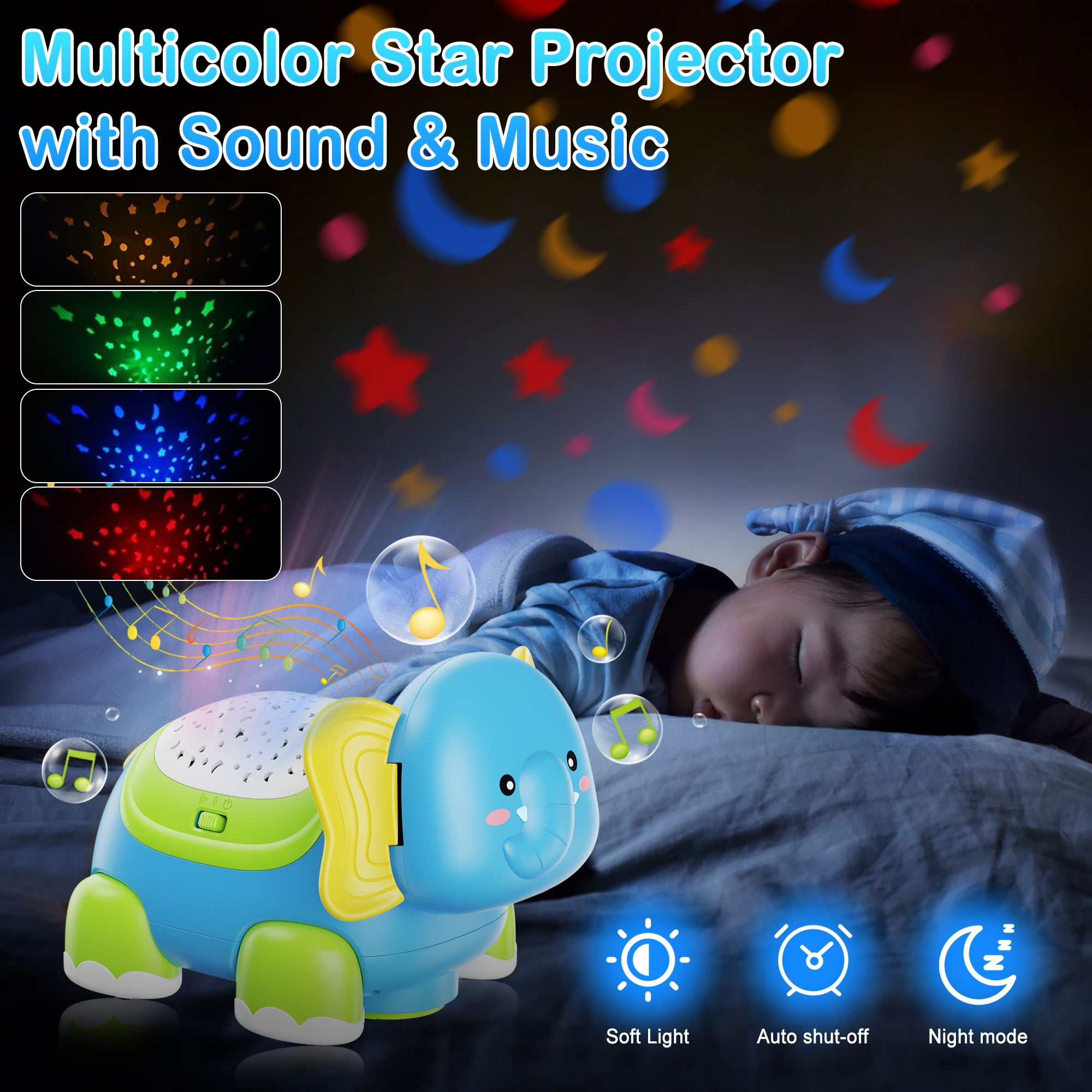 Ein Baby schläft unter einem Sternenhimmel, der von einem elefantenförmigen Nachtlicht projiziert wird. Das Licht hat verschiedene Farboptionen und Musik.