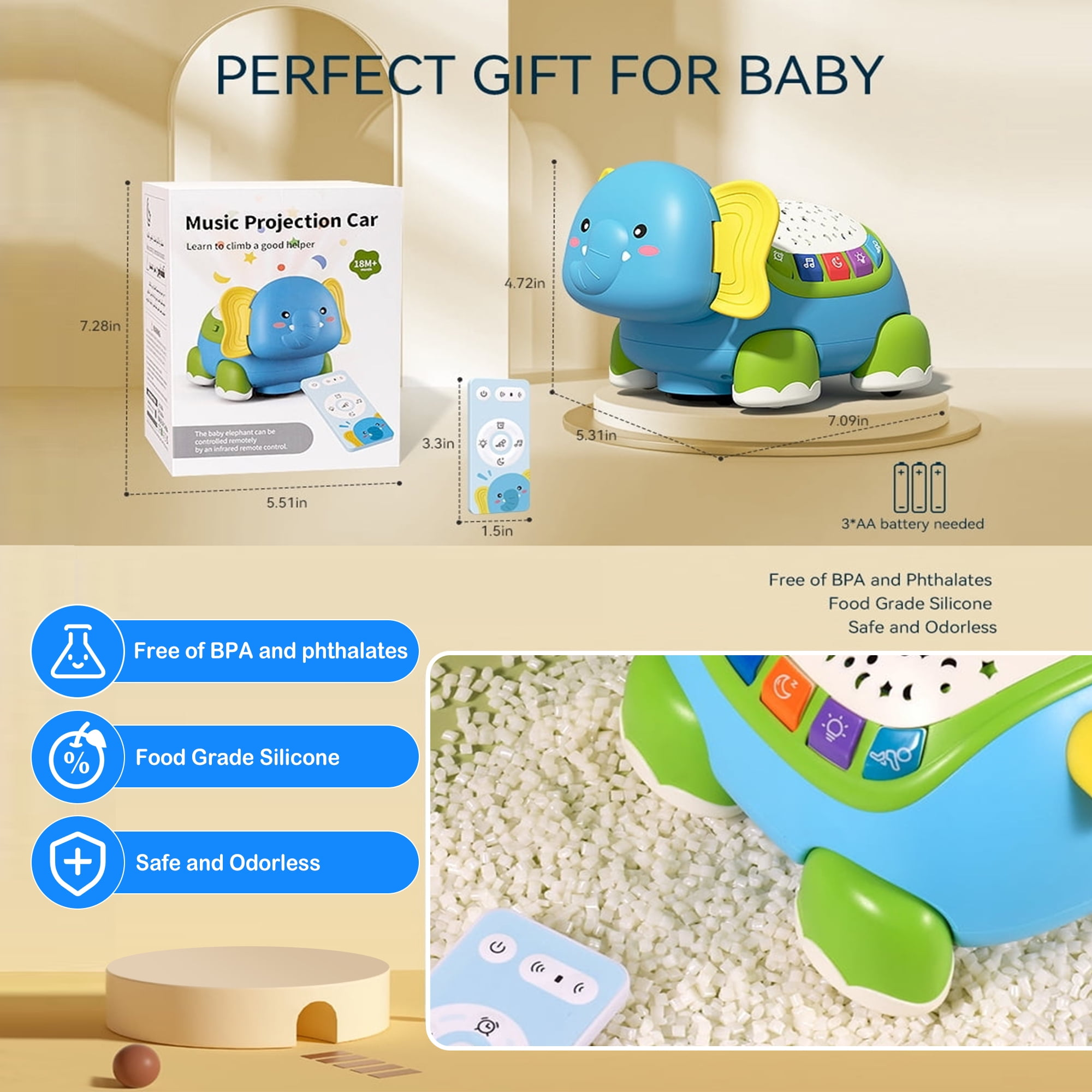 Ein blaues Elefantenspielzeug mit Fernbedienung. Es hat gelbe Ohren, grüne Beine und Knöpfe auf dem Rücken. Auf der Box steht 'Perfektes Geschenk für Babys'.