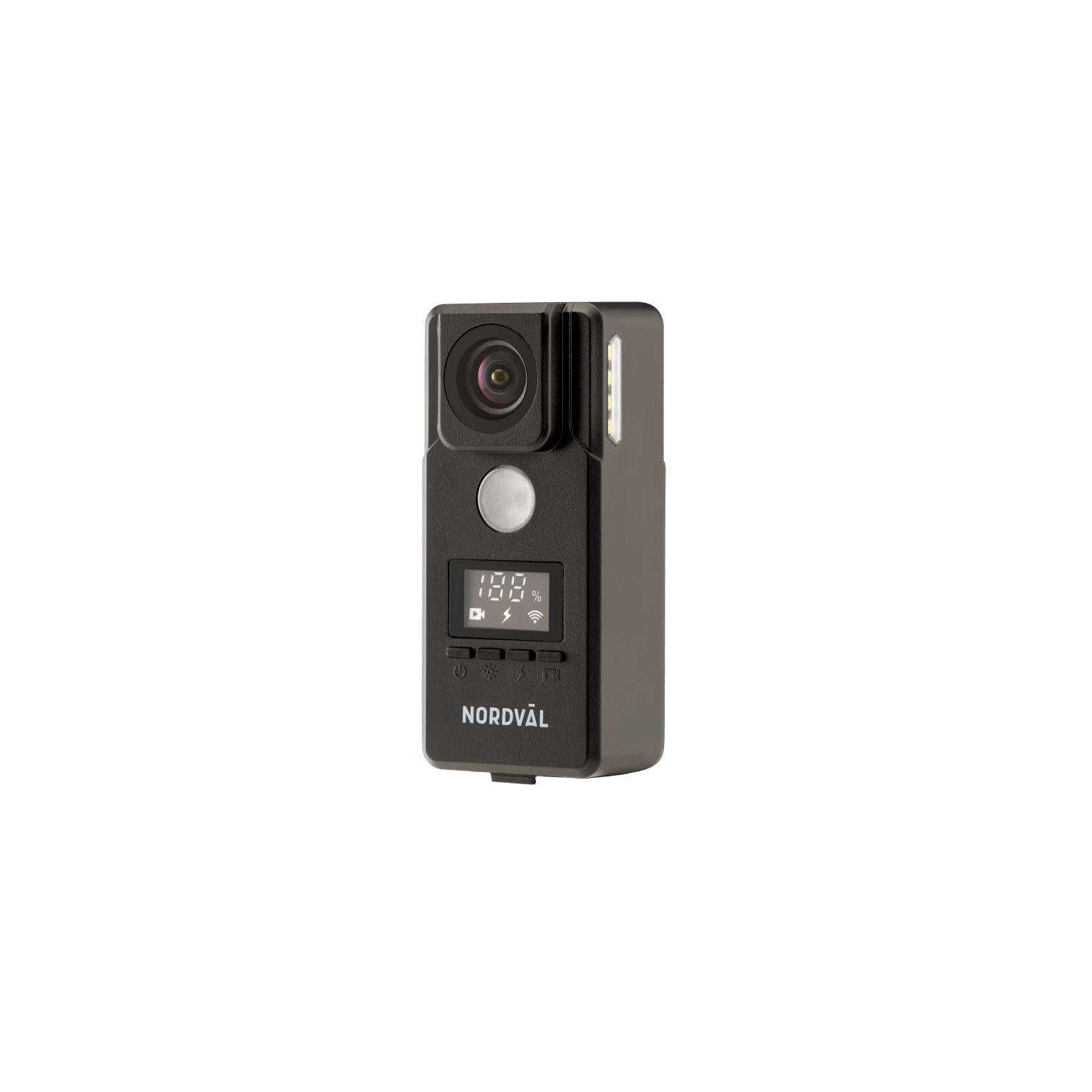 A black and gray Nordvål camera. It has a lens, screen, and buttons. A light is on the side. The background is black.