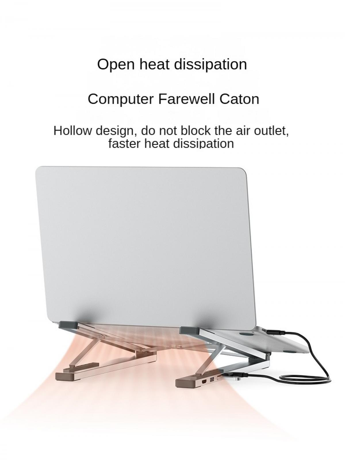 Ein Laptop auf einem Ständer mit Hohlraumdesign. Oben steht: offene Wärmeableitung und schnellere Wärmeableitung.