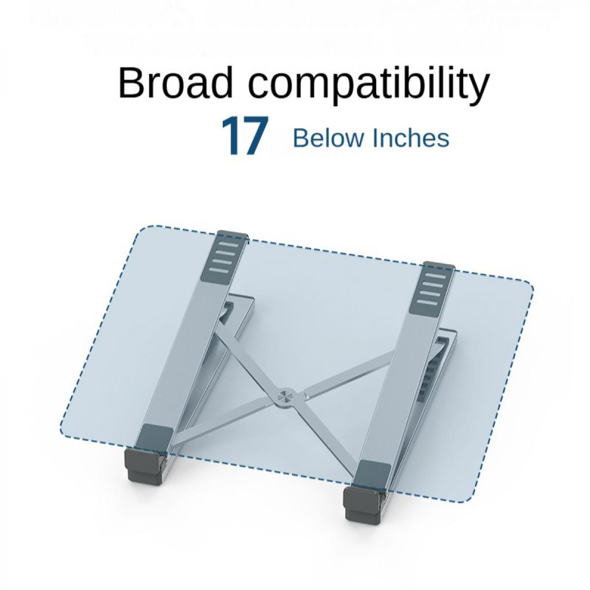 Ein Laptop-Ständer wird mit dem Text 'Breite Kompatibilität 17 Unter Zoll' gezeigt. Der Ständer ist silber und blau.
