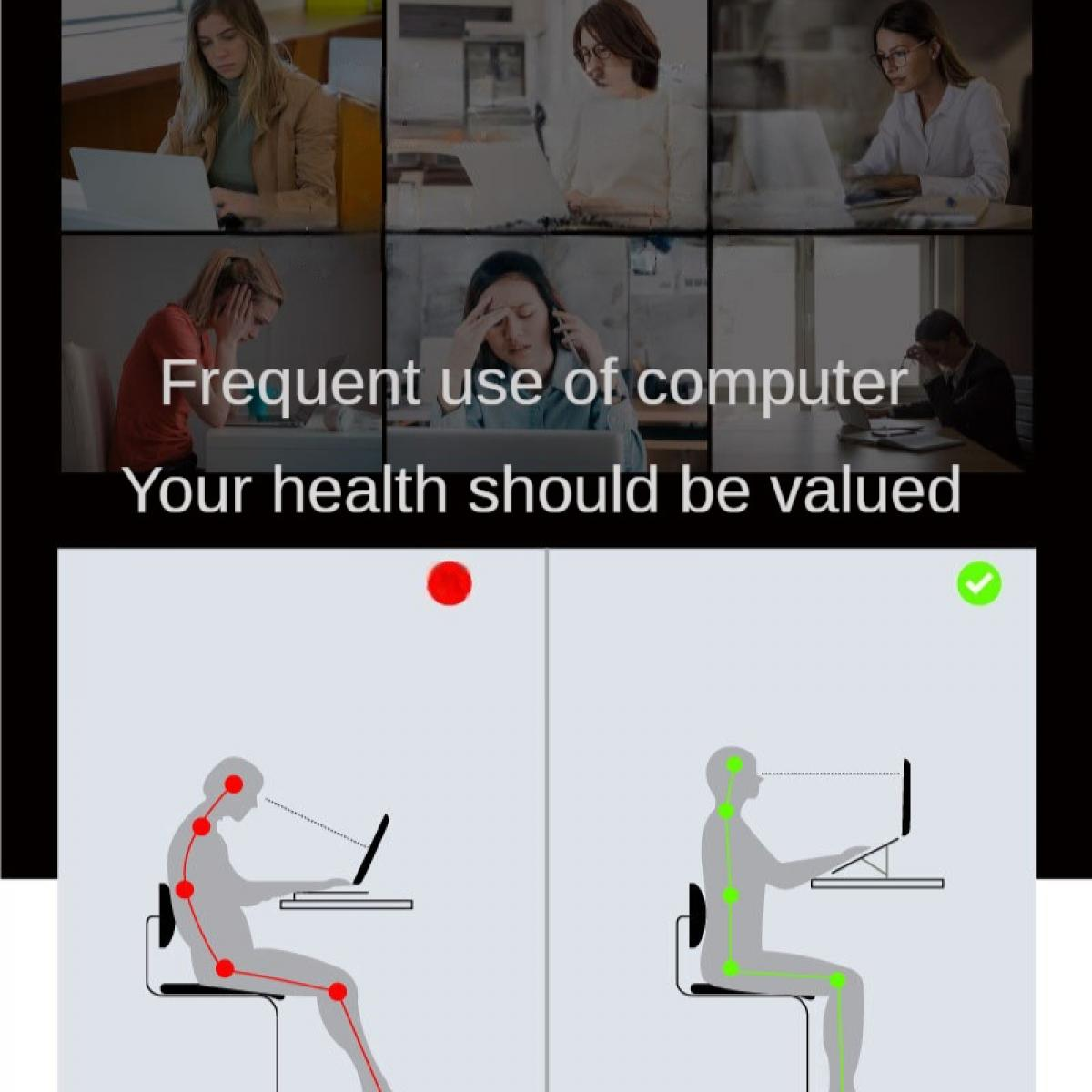 Das Bild zeigt Computernutzer und die richtige Körperhaltung. Es warnt vor Gesundheitsproblemen und zeigt eine ergonomische Einrichtung.