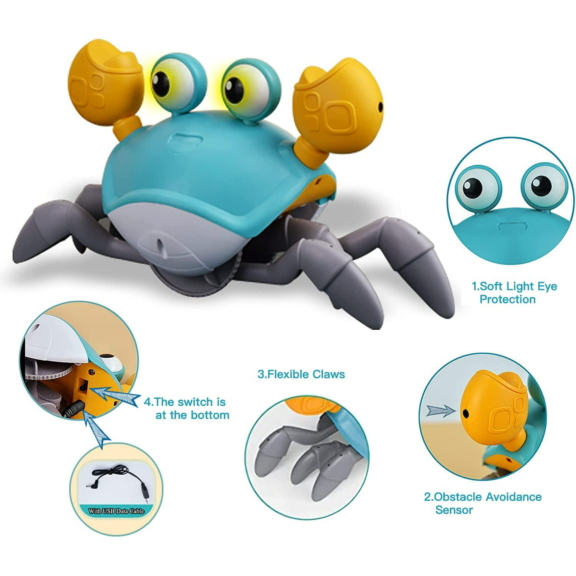 Ein blaues und gelbes Krabbenspielzeug mit flexiblen Krallen. Es hat leuchtende Augen, Hindernissensoren und ein USB-Ladekabel.
