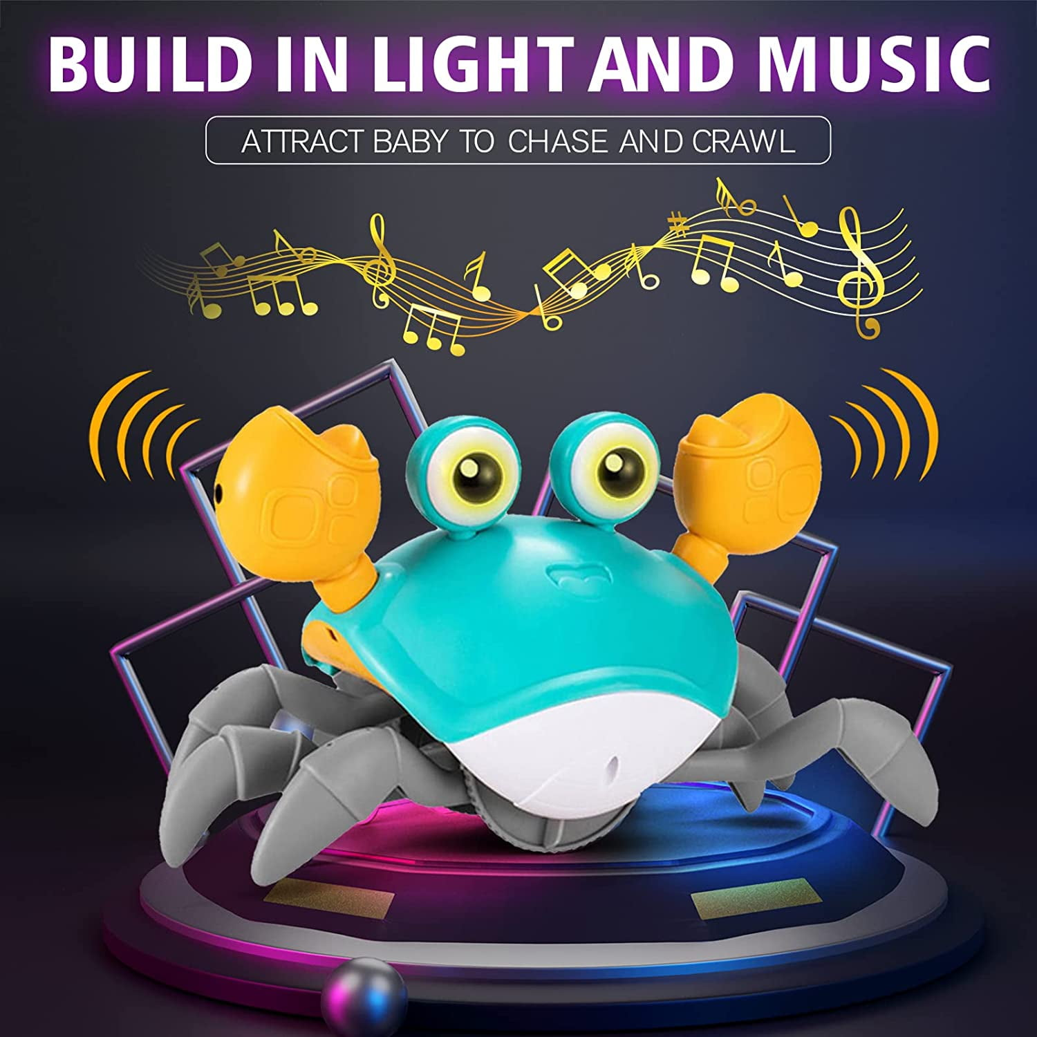 Eine Spielzeugkrabbe mit gelben Scheren, türkisfarbenem Körper und grauen Beinen. Darüber Noten, darunter eine lila Kugel, Text zu Licht und Musik.