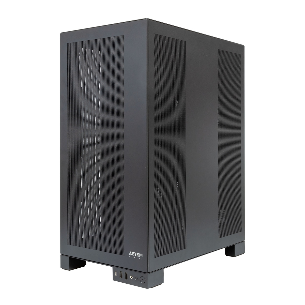 Una caja de computadora negra con un panel frontal perforado. La caja tiene forma rectangular y se asienta sobre una base negra. La marca es 'ABYSM GAMING'.